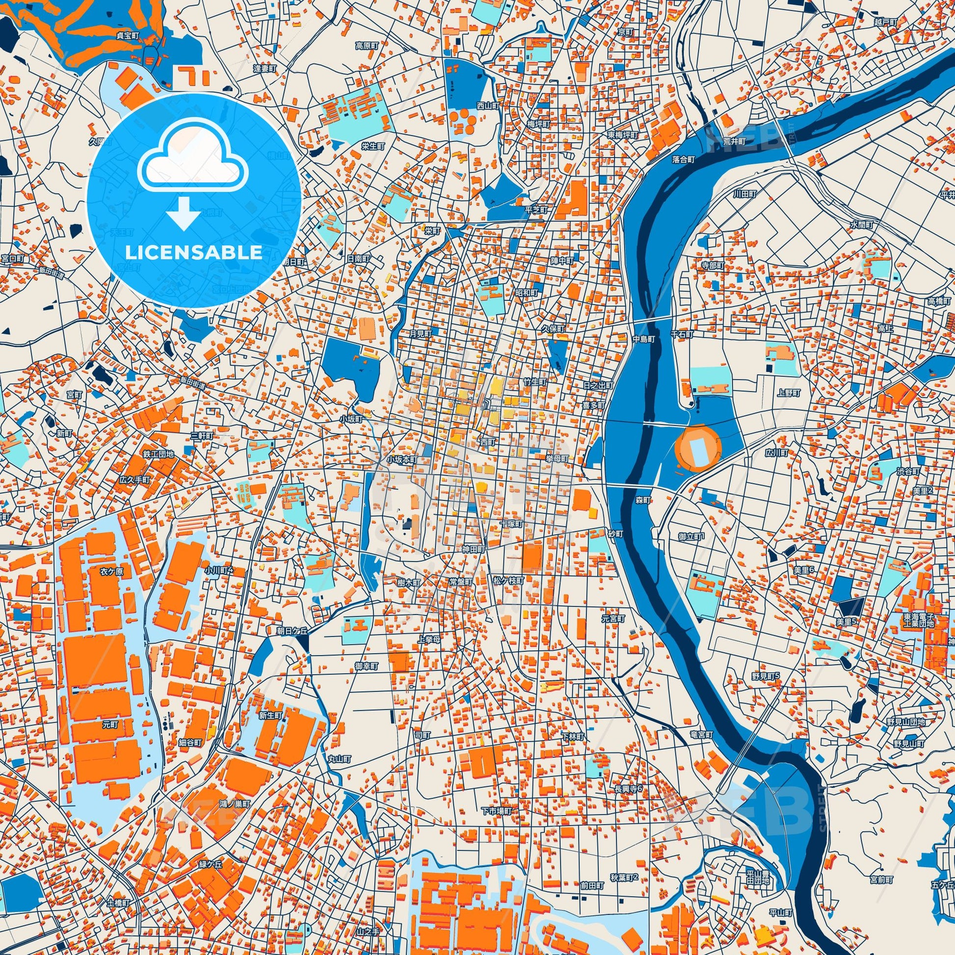 Colorful Toyota Street Map with Labels and Buildings