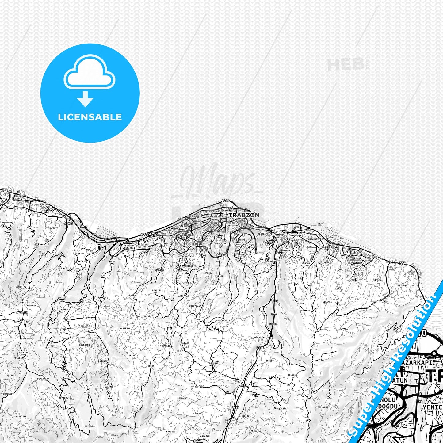 Trabzon, Turkey light map with streetnames, citynames and districts