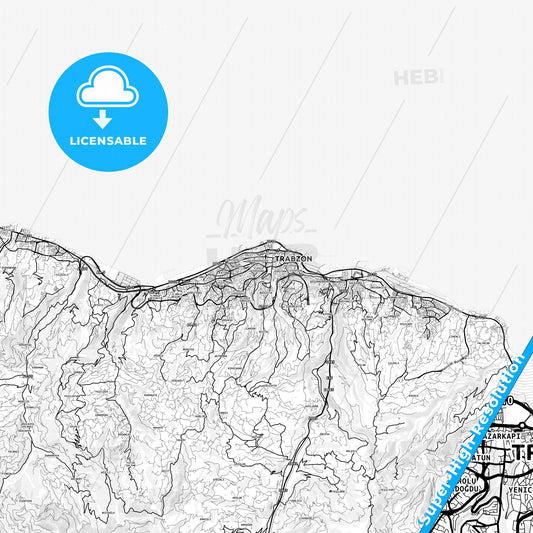 Trabzon, Turkey light map with streetnames, citynames and districts