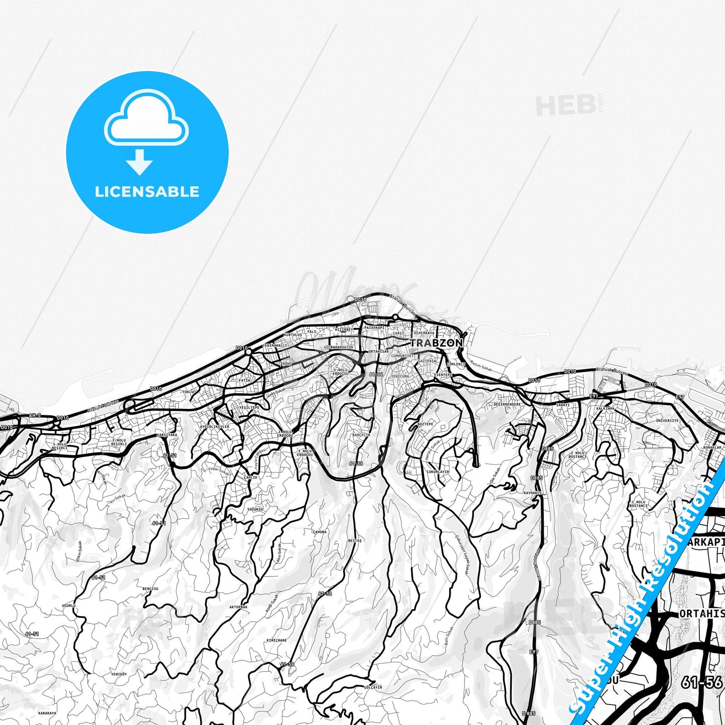 Trabzon, Turkey Light Map with Street Names, City Names, and Districts