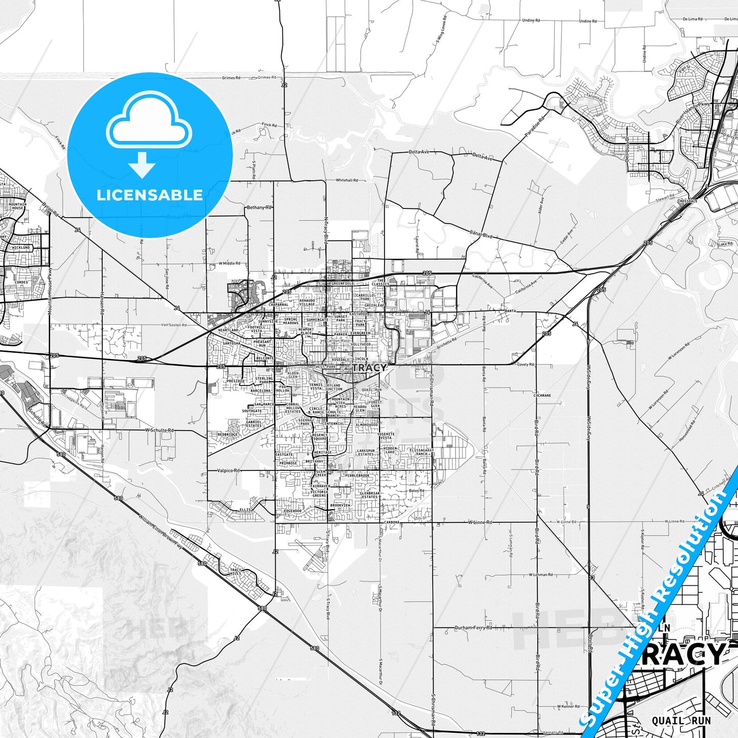 Tracy, California light map with streetnames, citynames and districts