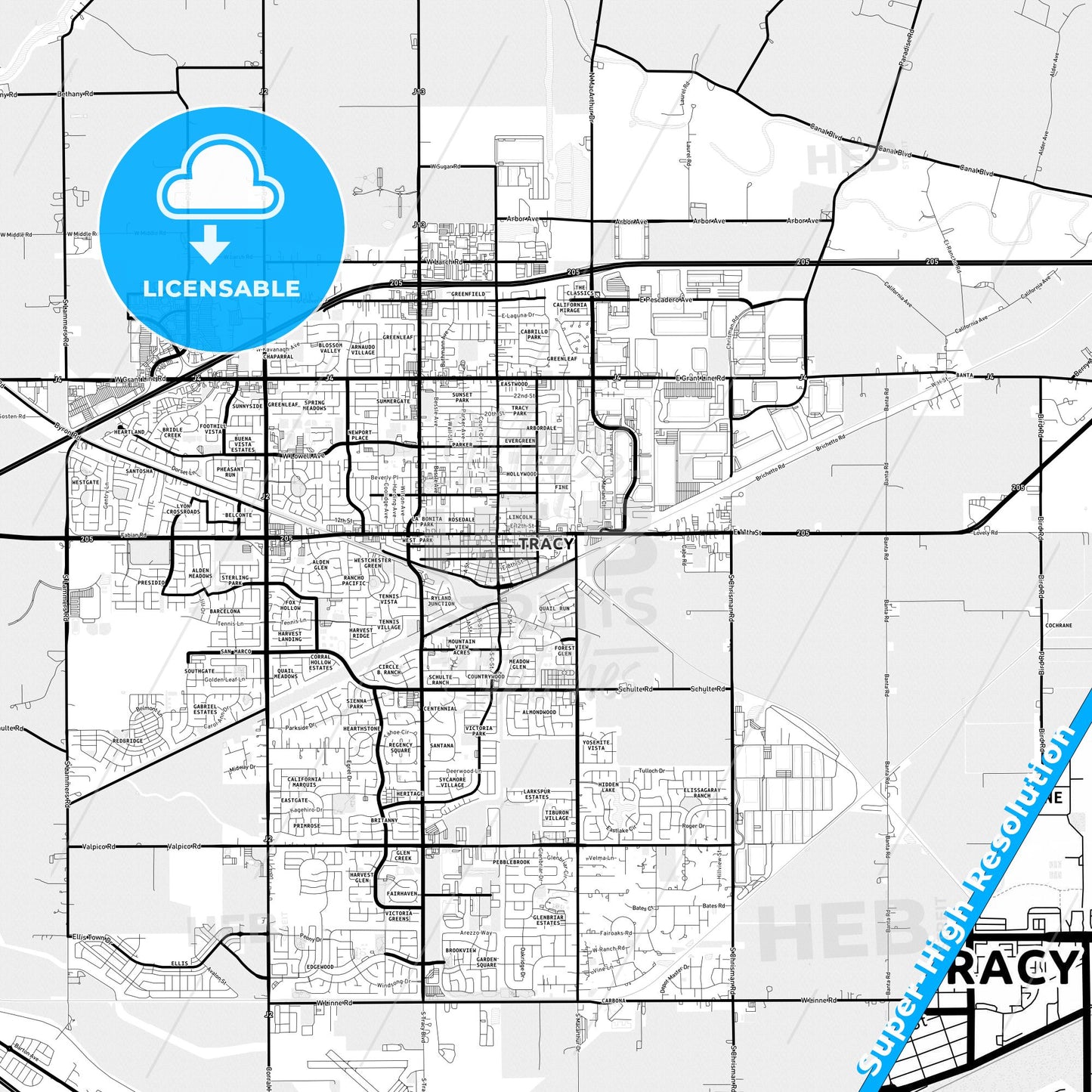 Tracy, California Light Map with Street Names, City Names, and Districts