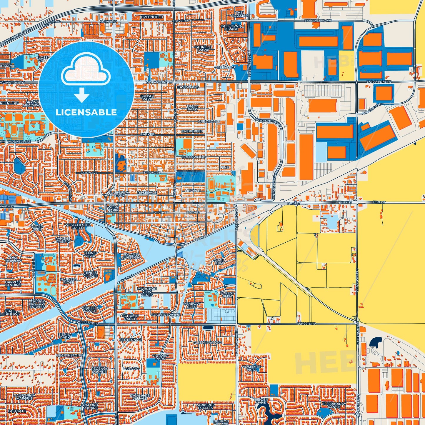 Colorful Tracy Street Map with Labels and Buildings