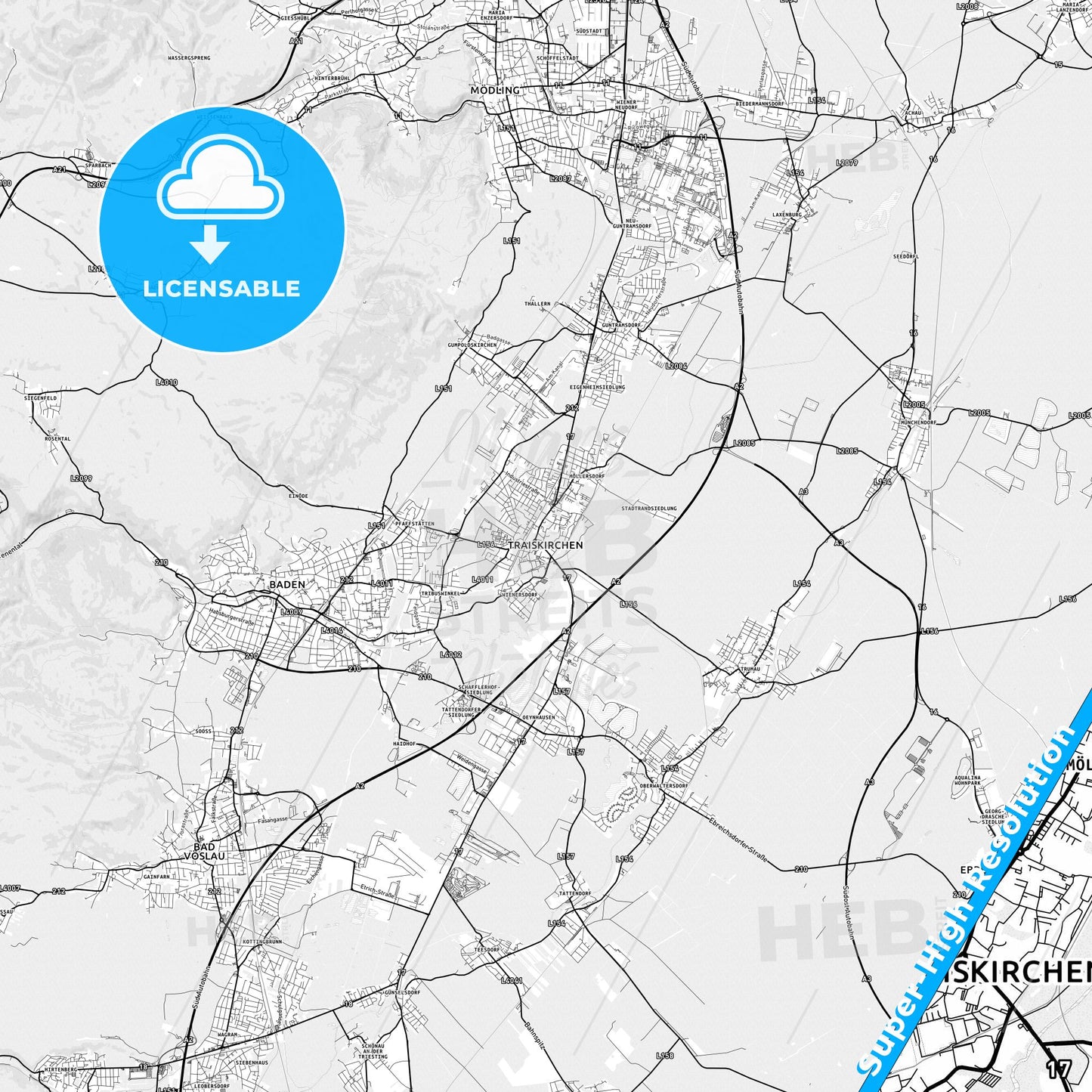 Traiskirchen, Austria light map with streetnames, citynames and districts