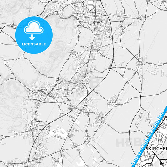 Traiskirchen, Austria light map with streetnames, citynames and districts
