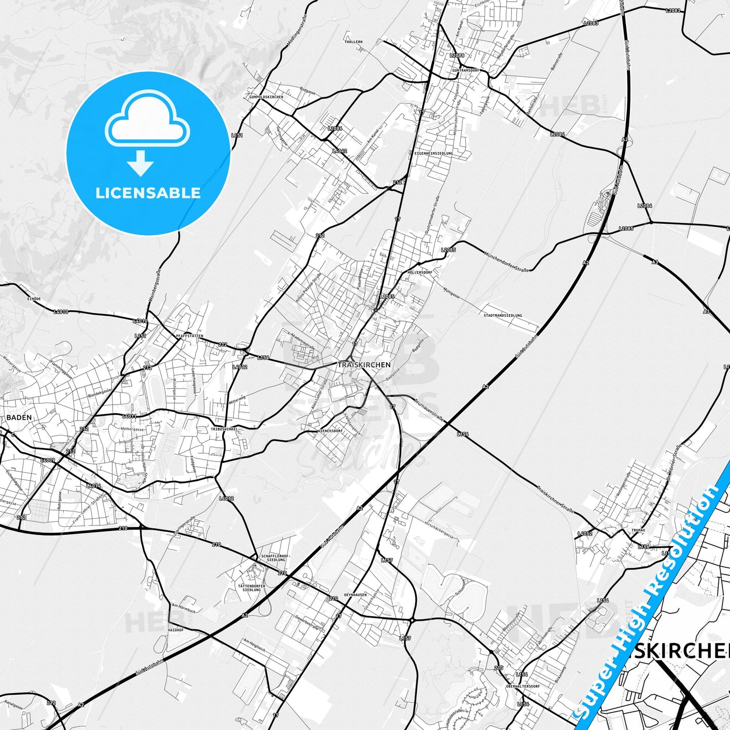 Traiskirchen, Austria Light Map with Street Names, City Names, and Districts