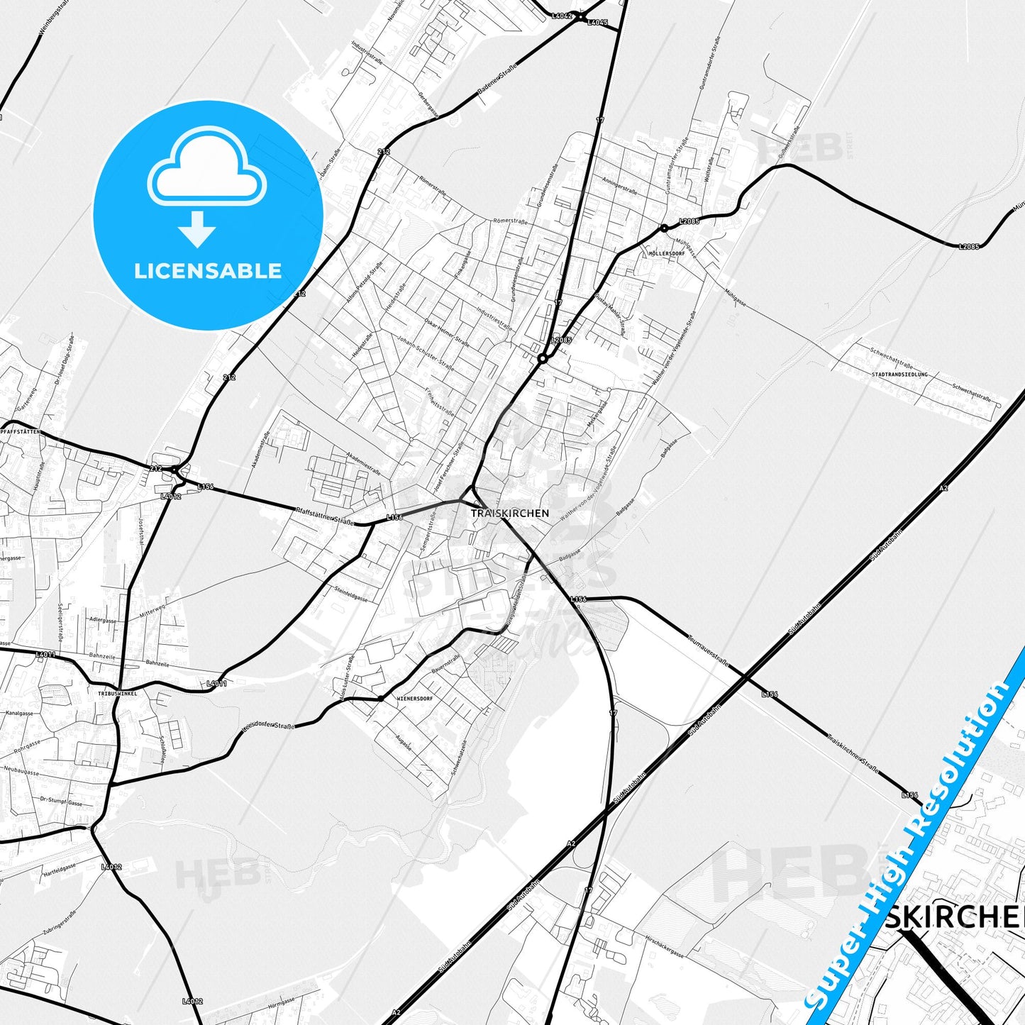 Traiskirchen, Austria Light Map with Street Names, City Names, and Districts