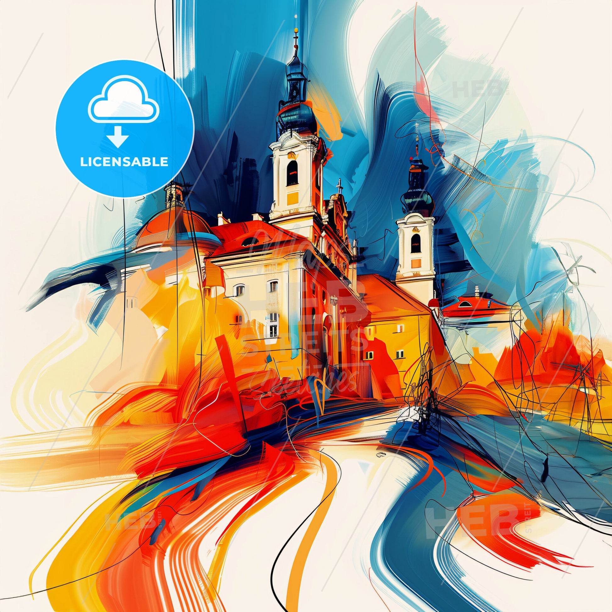 Vibrant Traiskirchen, Austria - A Painting Of A Building With A Tower