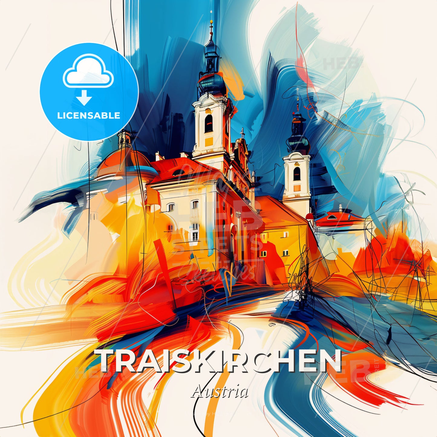 Vibrant Traiskirchen, Austria - A Painting Of A Building With A Tower - Square format print template