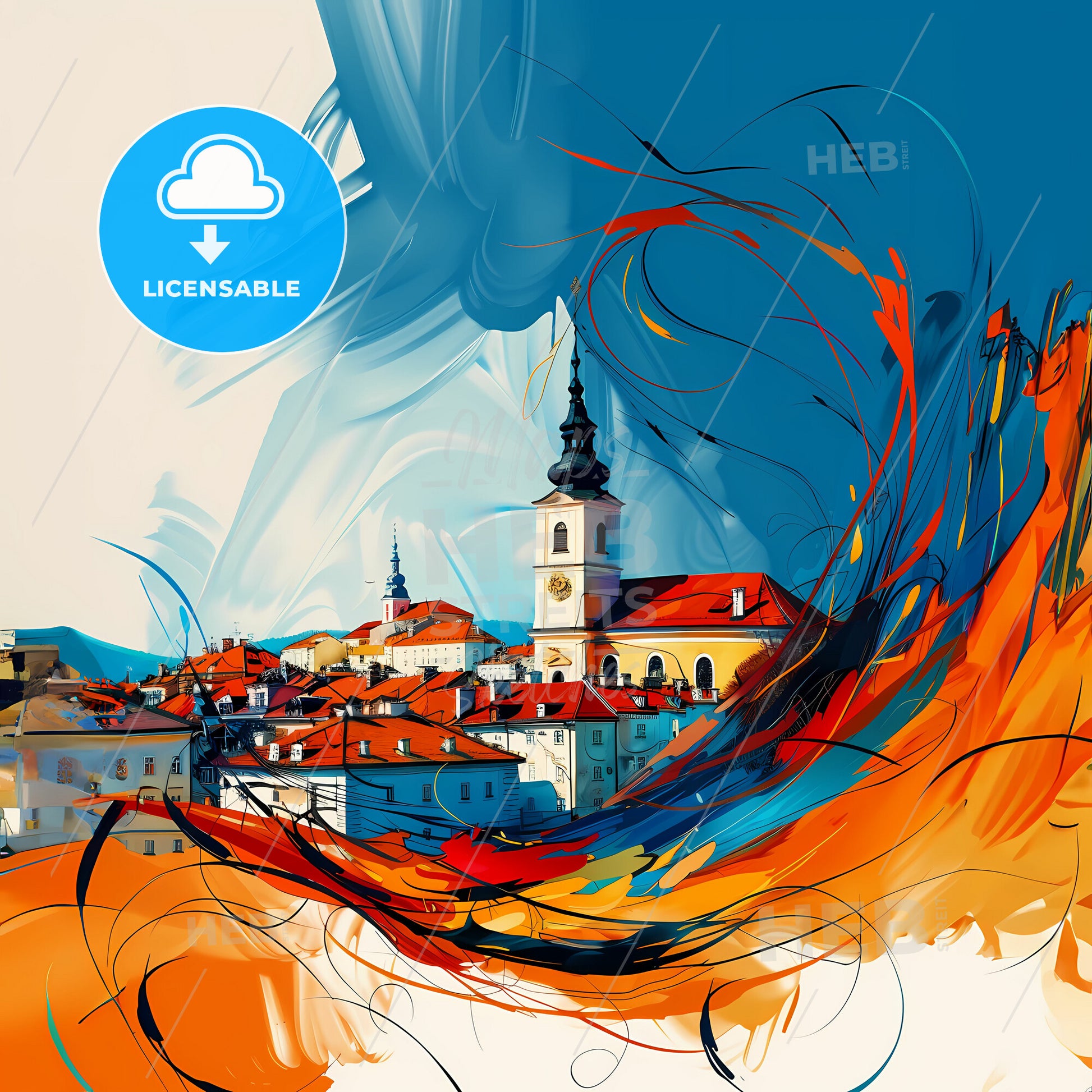 Vibrant Traiskirchen, Austria - A Painting Of A City With A Tower And Red Roofs