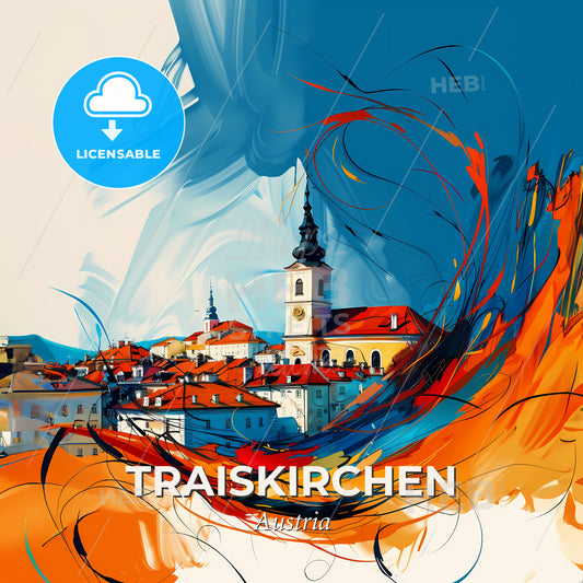 Vibrant Traiskirchen, Austria - A Painting Of A City With A Tower And Red Roofs - Square format print template