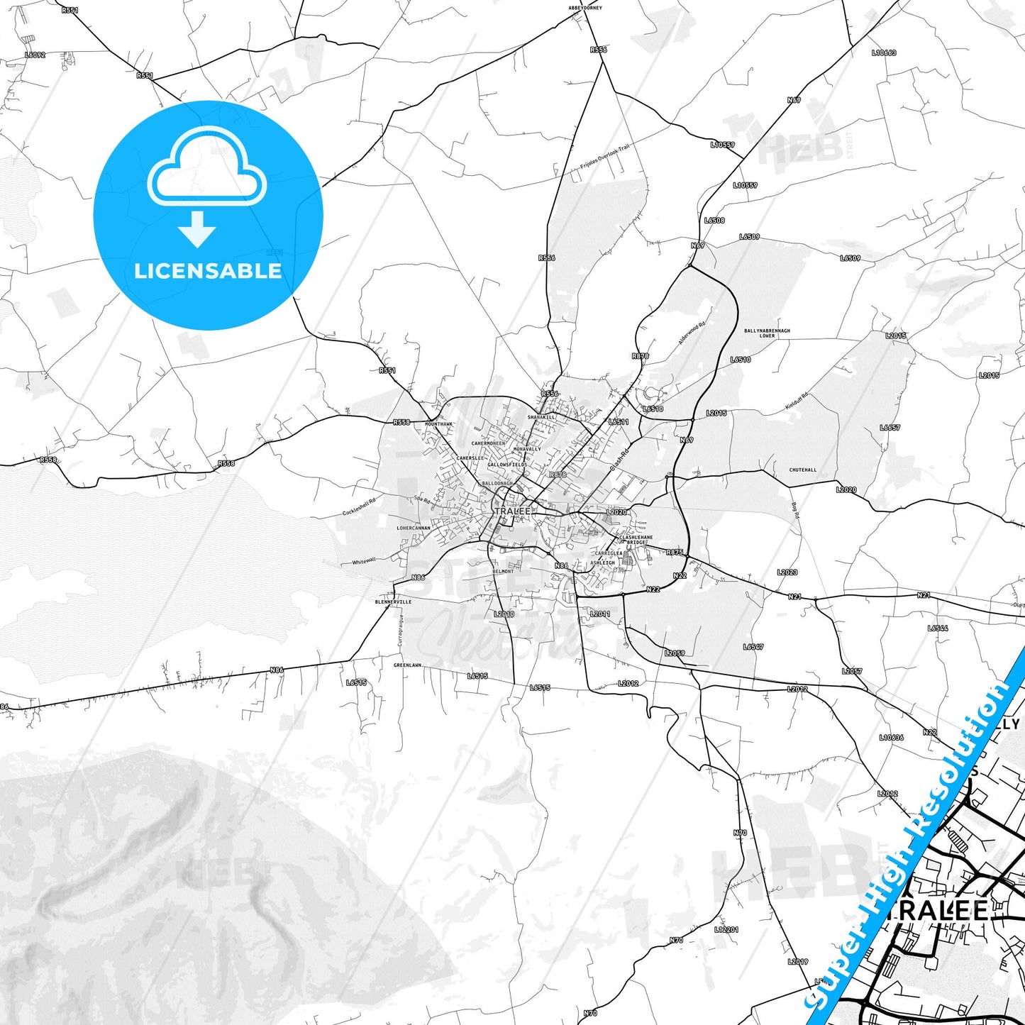 Tralee, Ireland light map with streetnames, citynames and districts