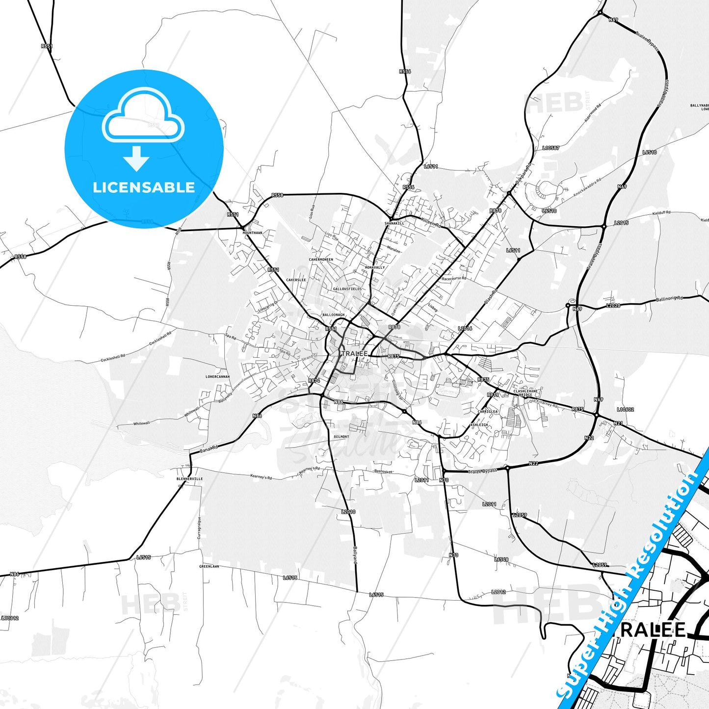 Tralee, Ireland Light Map with Street Names, City Names, and Districts
