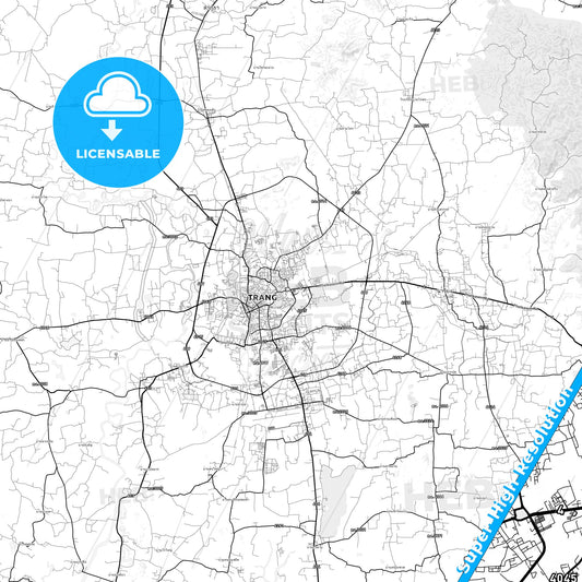 Trang, Thailand light map with streetnames, citynames and districts