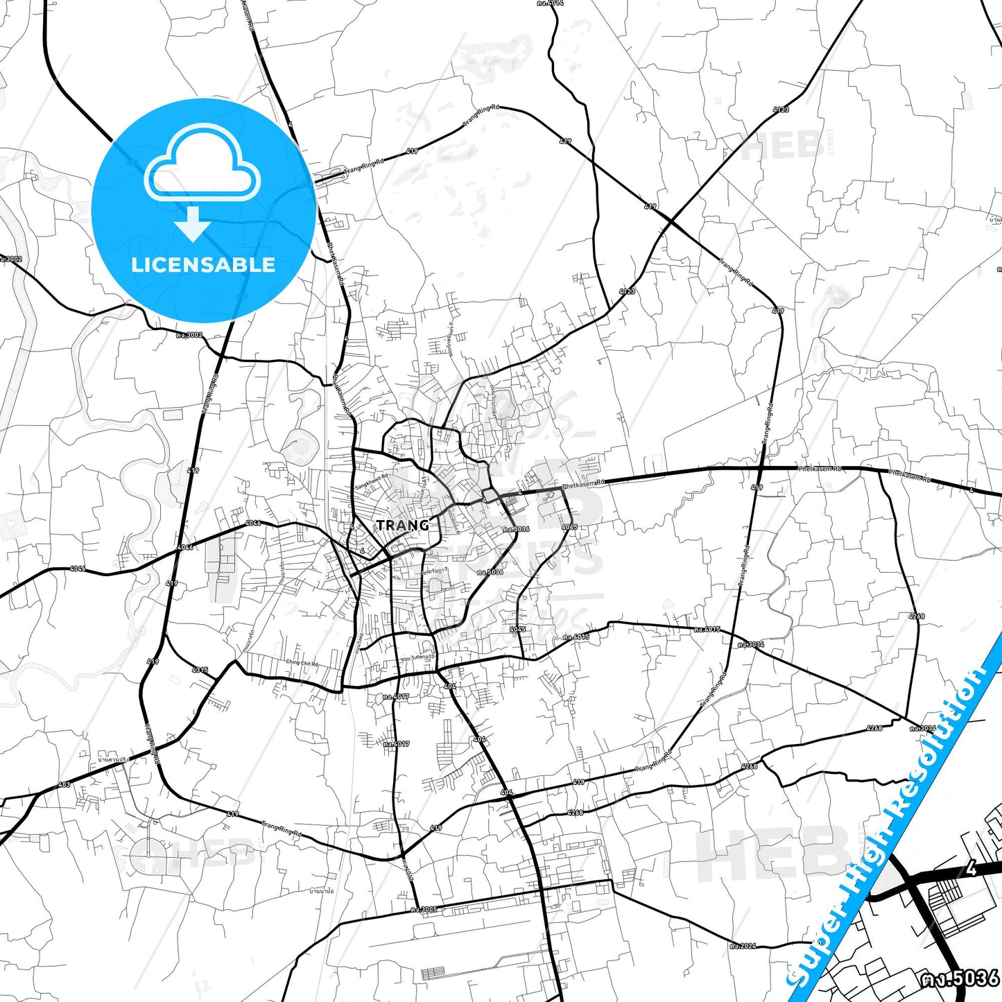 Trang, Thailand Light Map with Street Names, City Names, and Districts