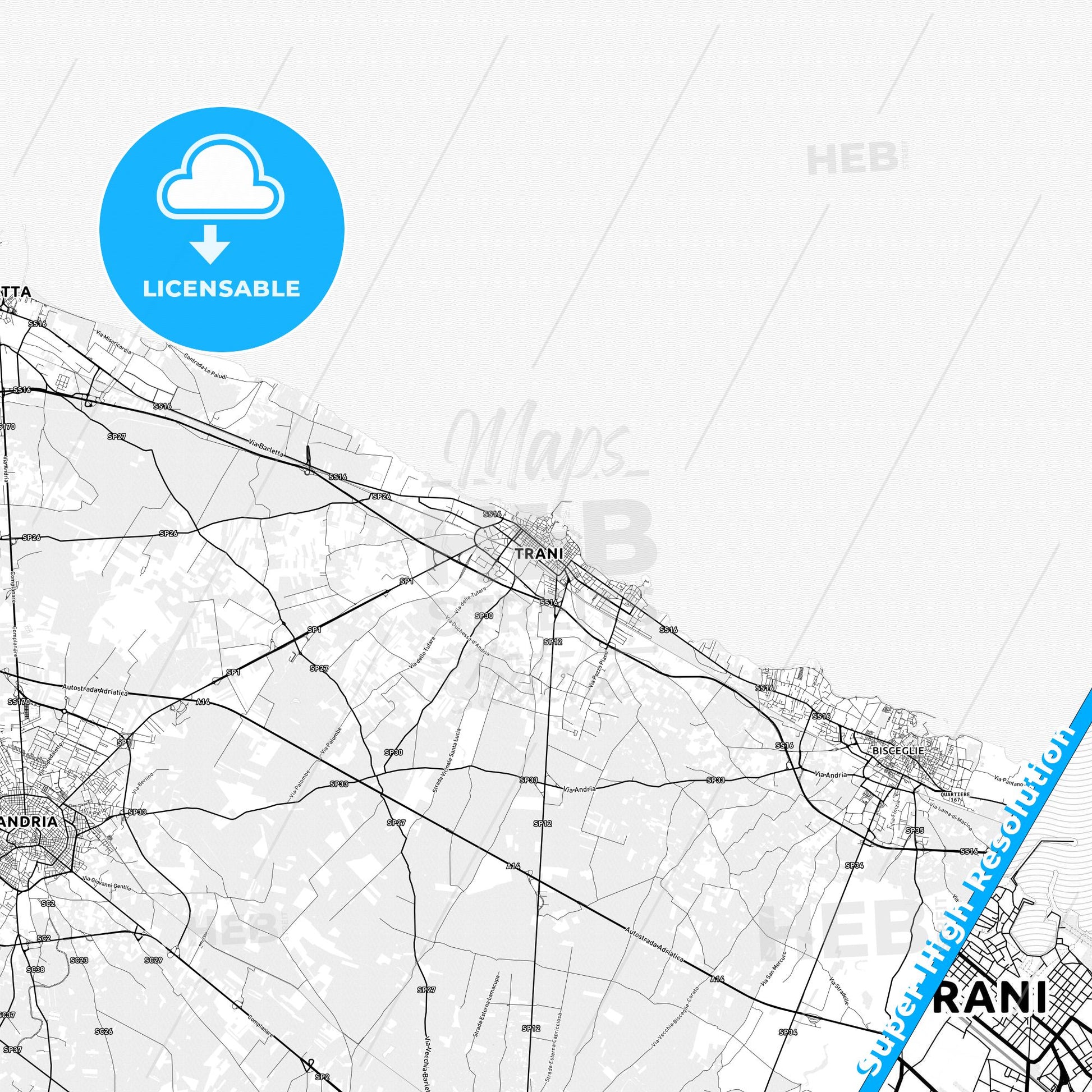 Trani, Italy light map with streetnames, citynames and districts