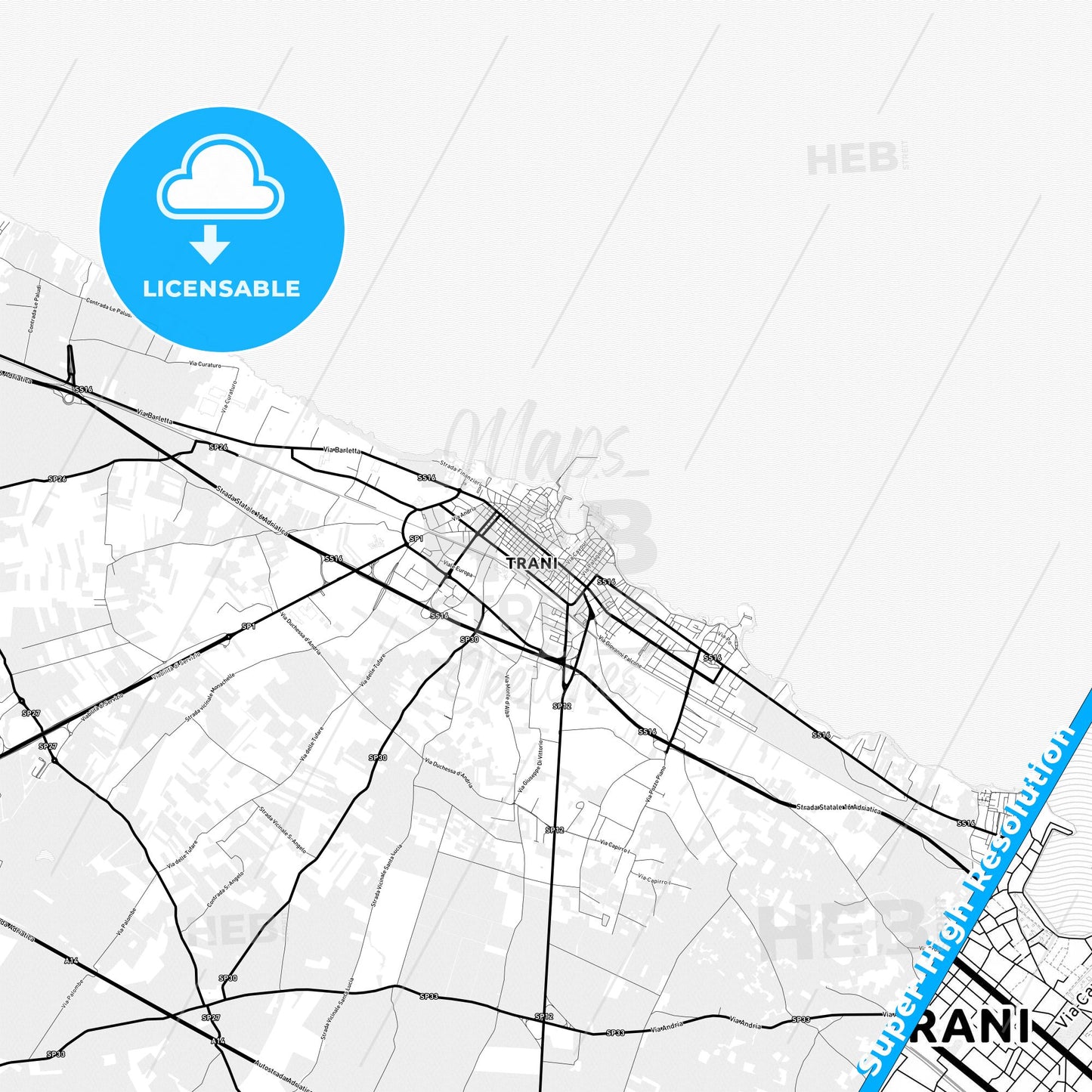 Trani, Italy Light Map with Street Names, City Names, and Districts