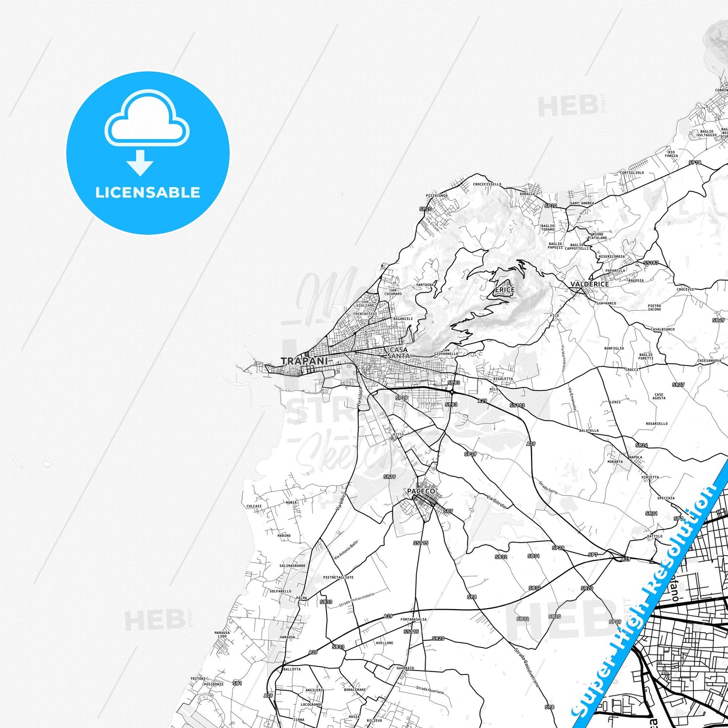 Trapani, Italy light map with streetnames, citynames and districts