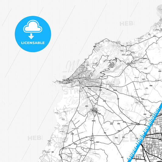 Trapani, Italy light map with streetnames, citynames and districts
