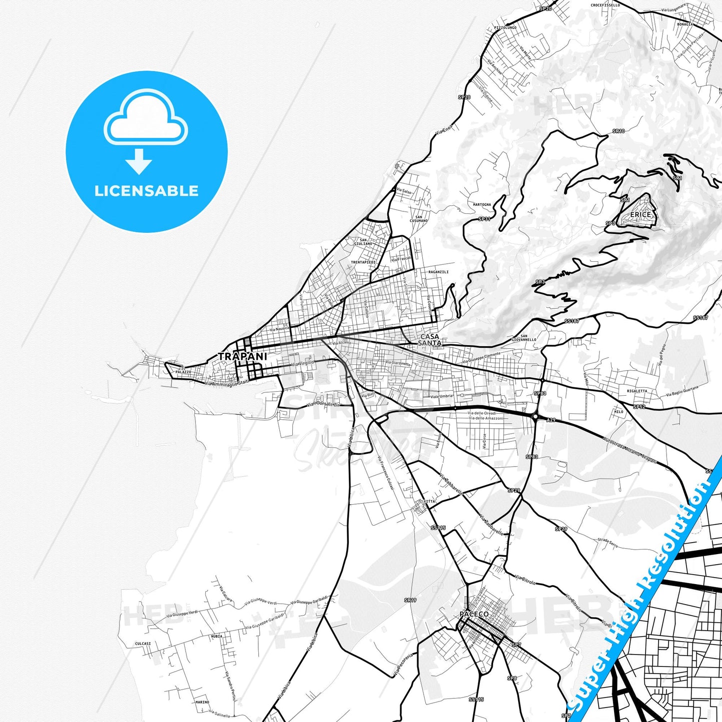 Trapani, Italy Light Map with Street Names, City Names, and Districts