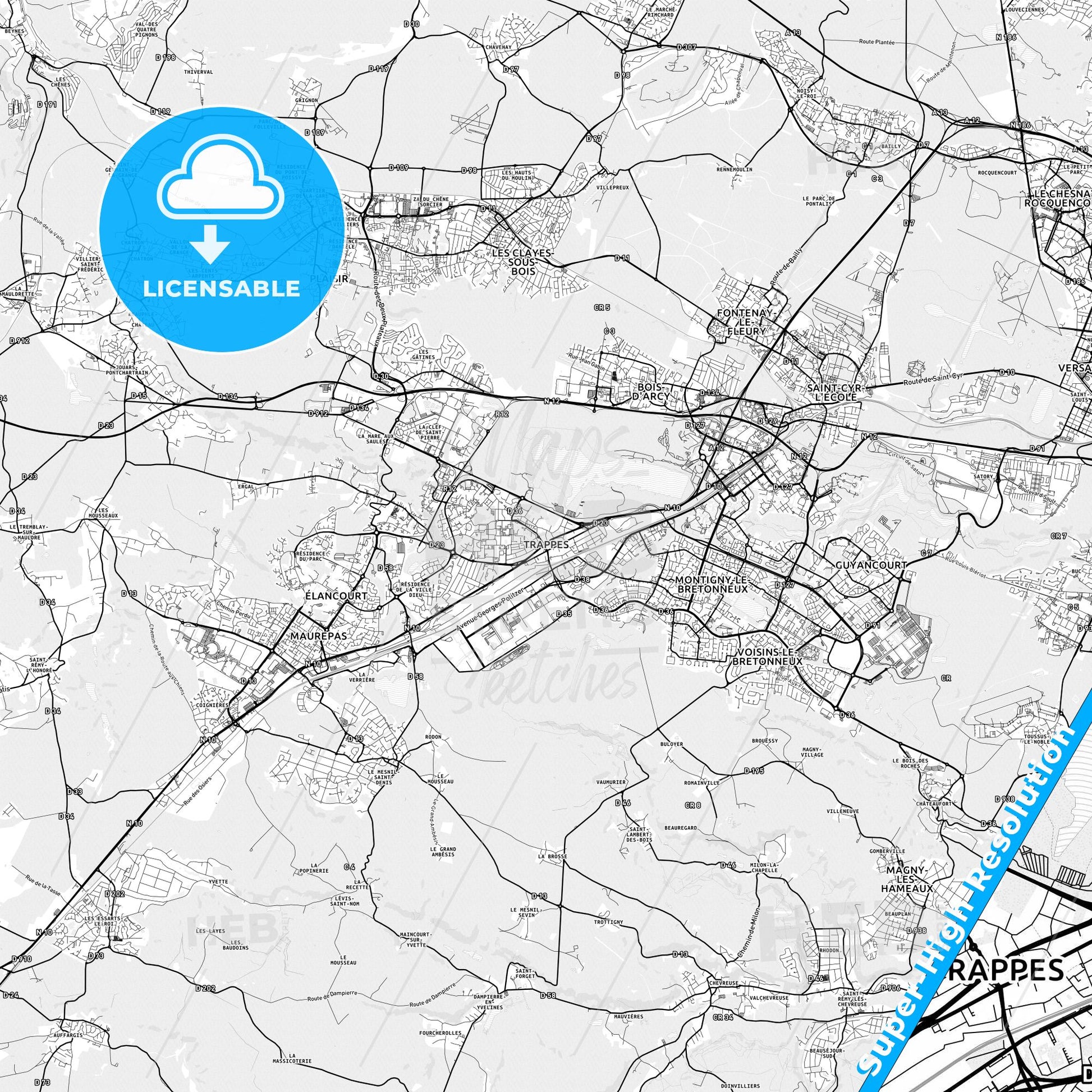 Trappes, France light map with streetnames, citynames and districts