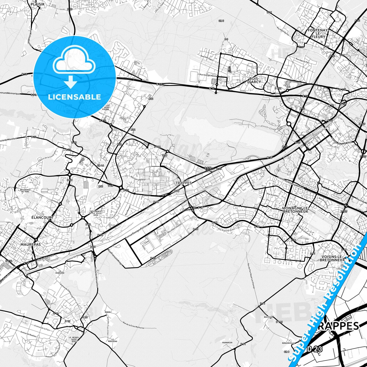 Trappes, France Light Map with Street Names, City Names, and Districts