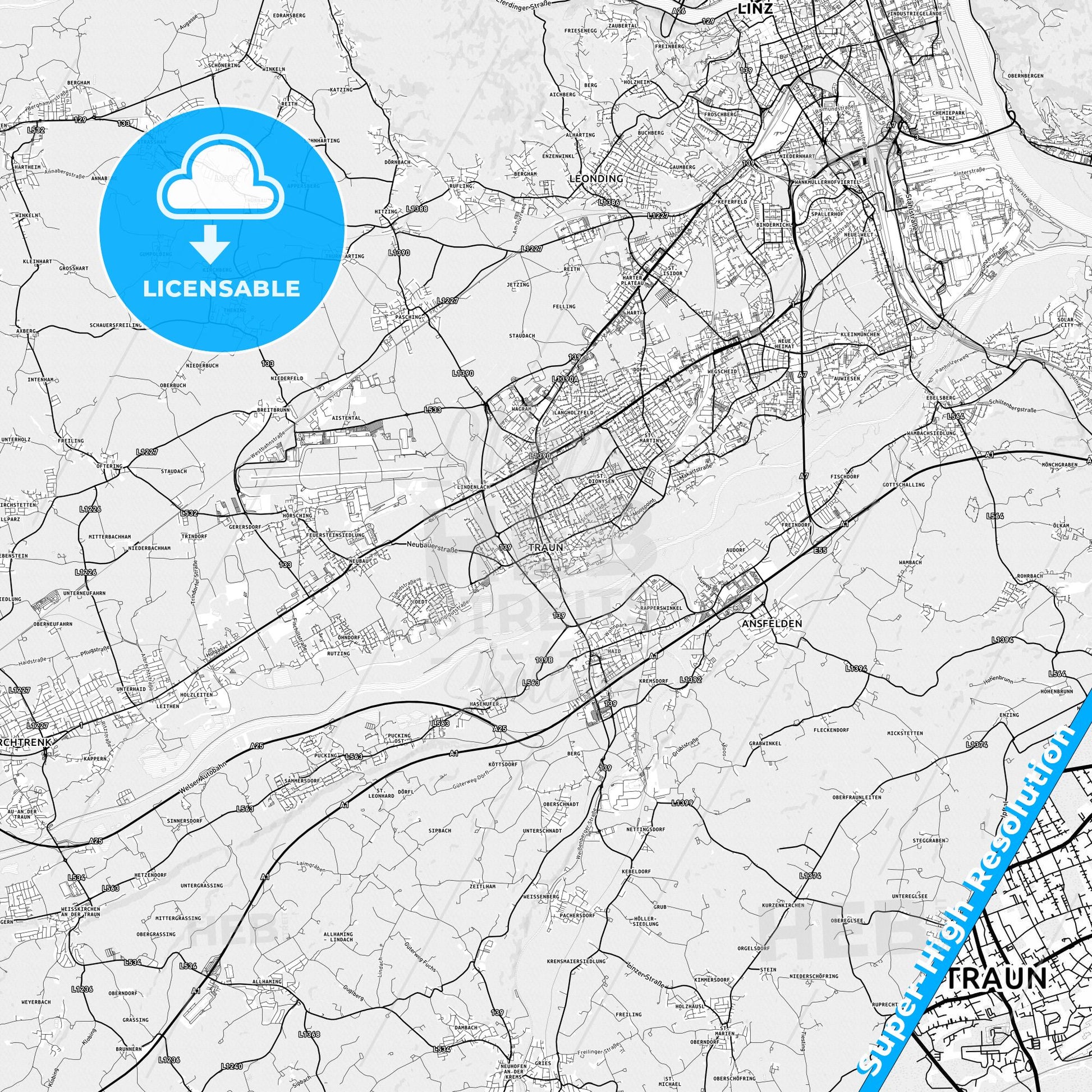 Traun, Austria light map with streetnames, citynames and districts