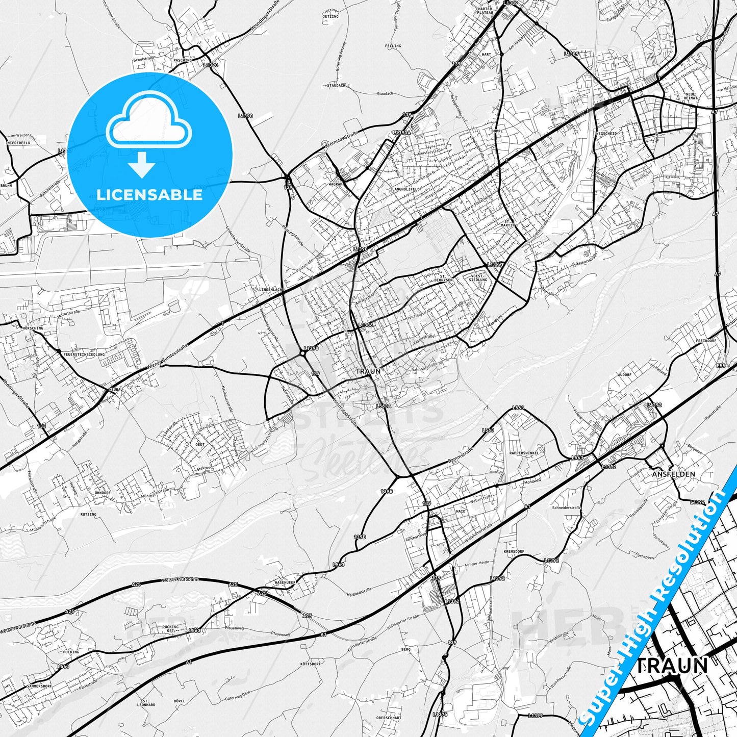 Traun, Austria Light Map with Street Names, City Names, and Districts
