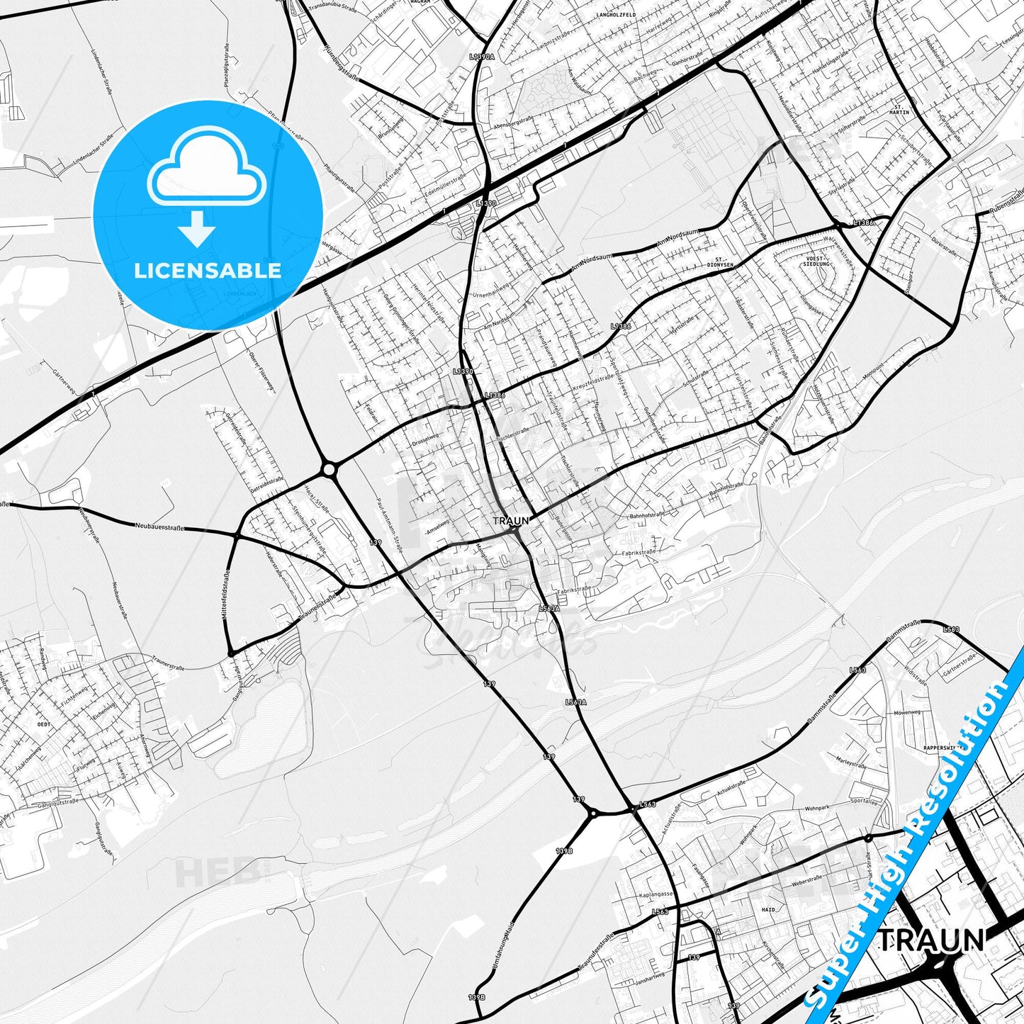 Traun, Austria Light Map with Street Names, City Names, and Districts