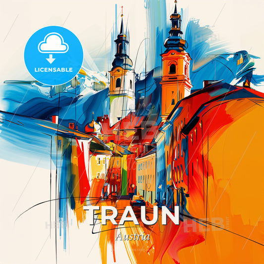 Vibrant Traun, Austria - A Colorful Painting Of A Town - Square format print template