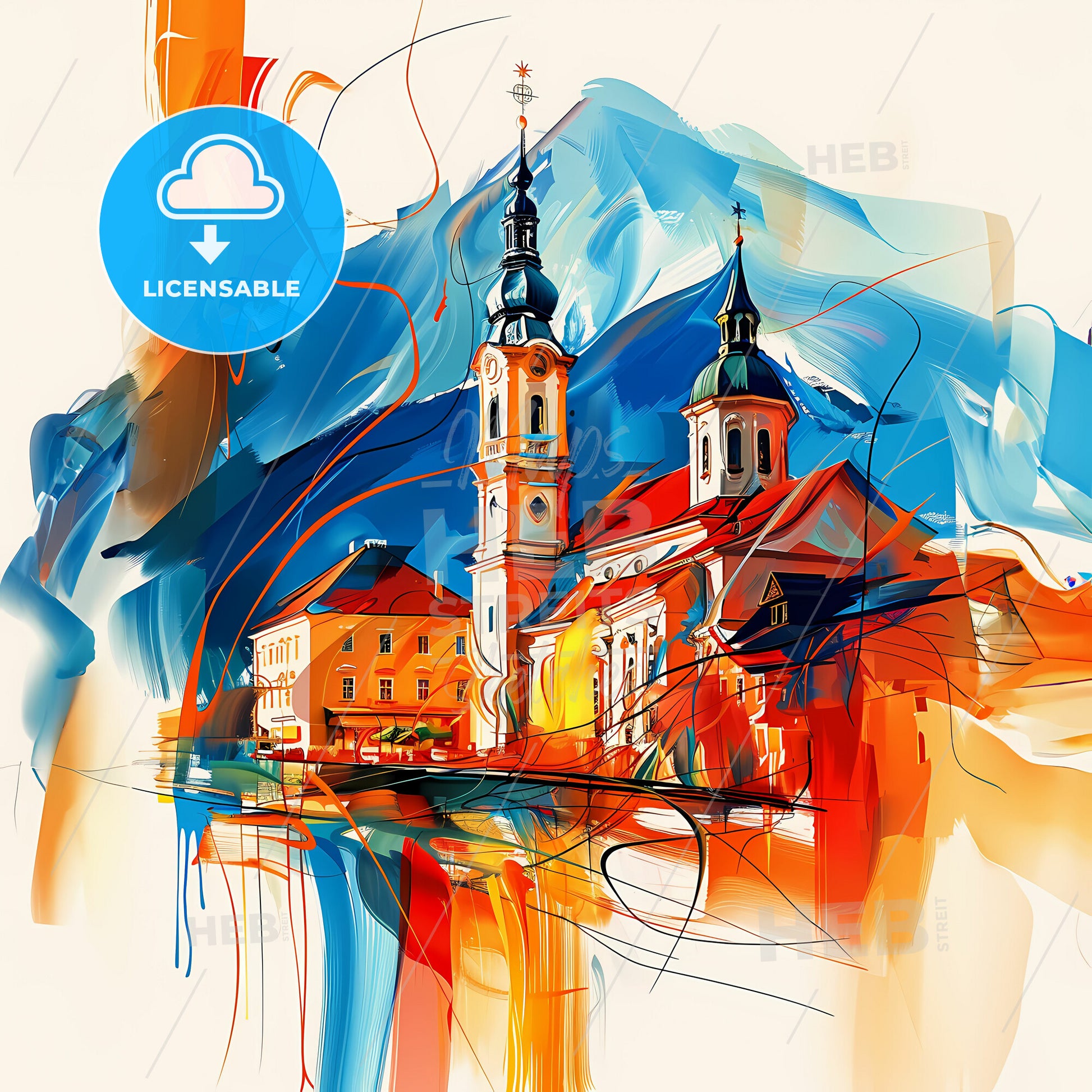 Vibrant Traun, Austria - A Painting Of A Building With A Tower