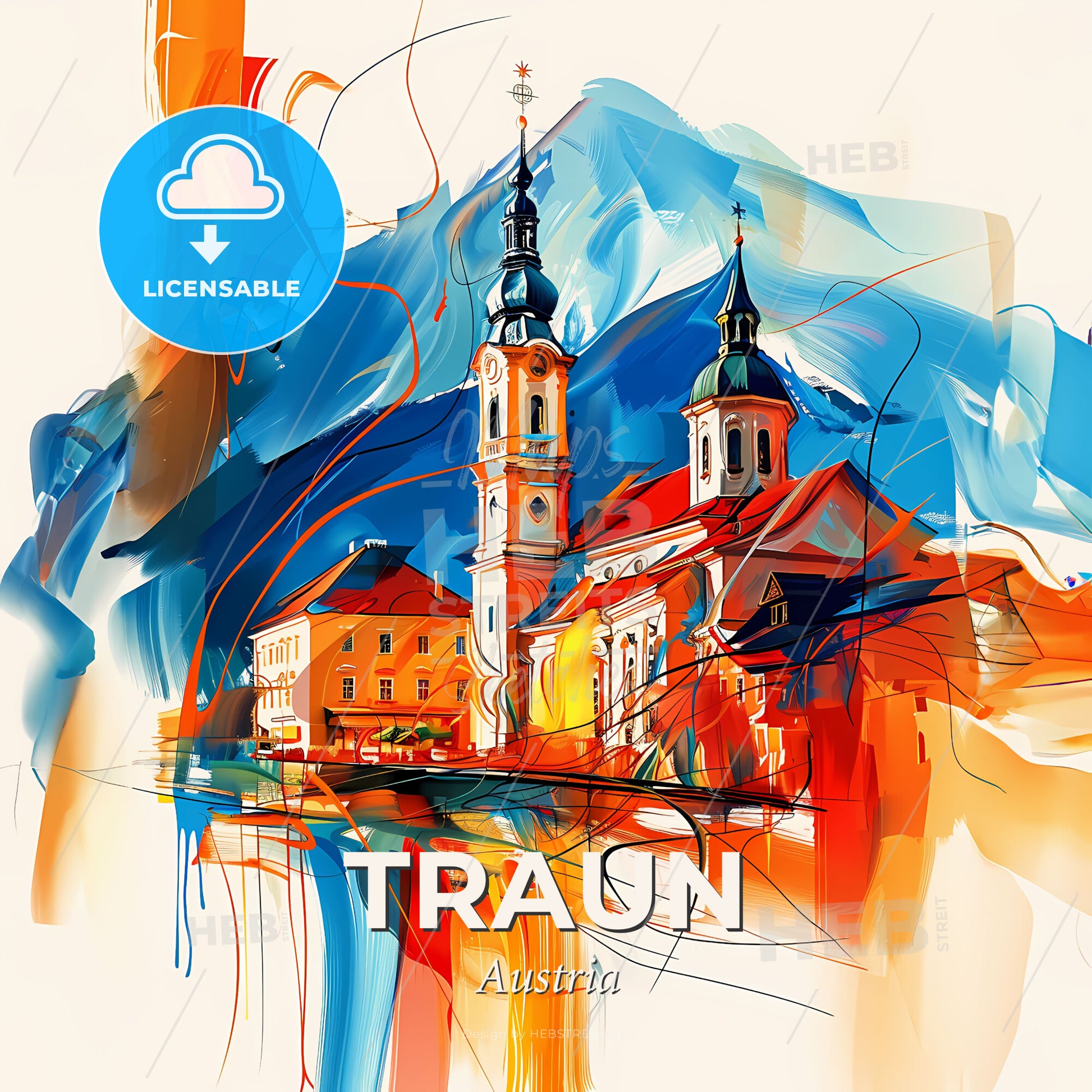 Vibrant Traun, Austria - A Painting Of A Building With A Tower - Square format print template