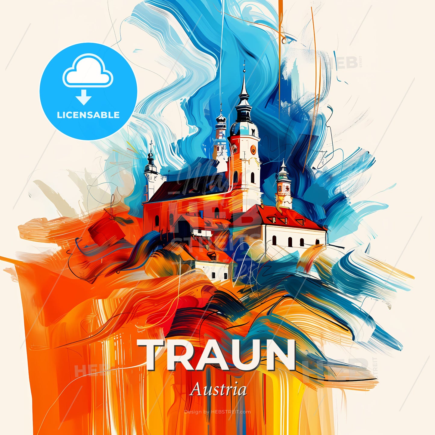 Vibrant Traun, Austria - A Painting Of A Building With Towers And A Blue And Orange Background - Square format print template