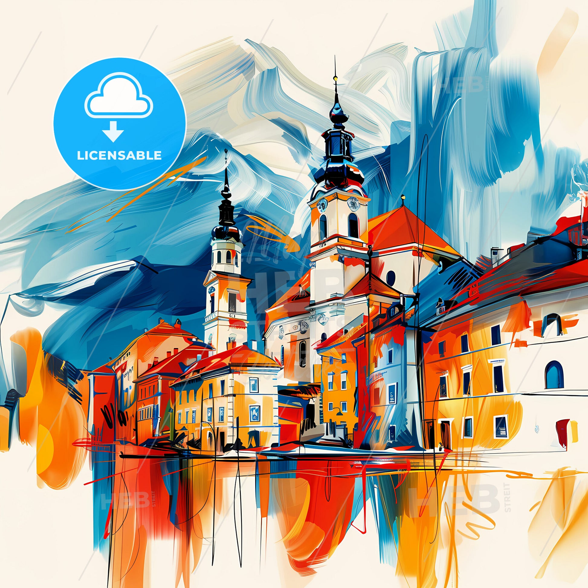 Vibrant Traun, Austria - A Painting Of A Building With A Steeple