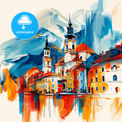 Vibrant Traun, Austria - A Painting Of A Building With A Steeple
