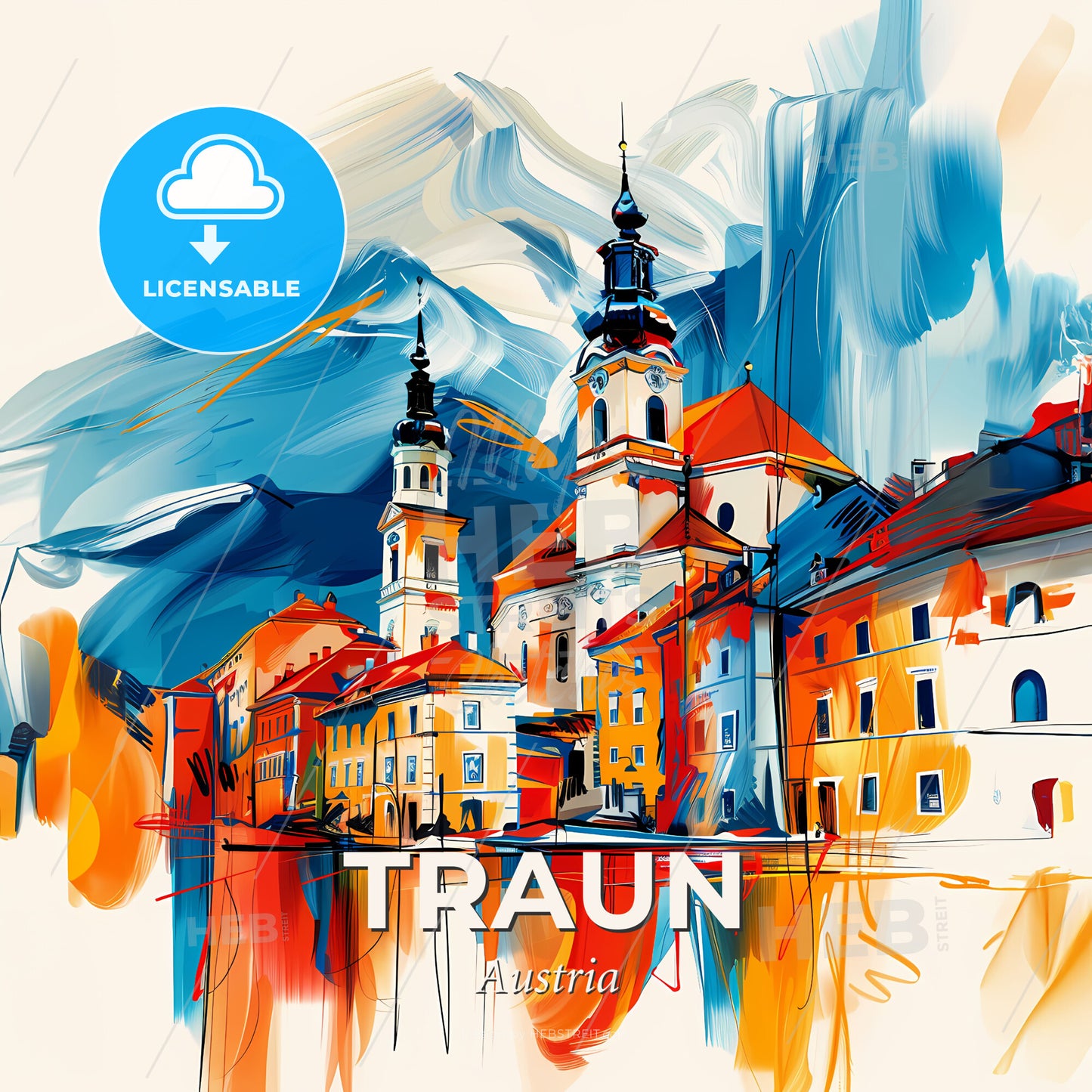 Vibrant Traun, Austria - A Painting Of A Building With A Steeple - Square format print template