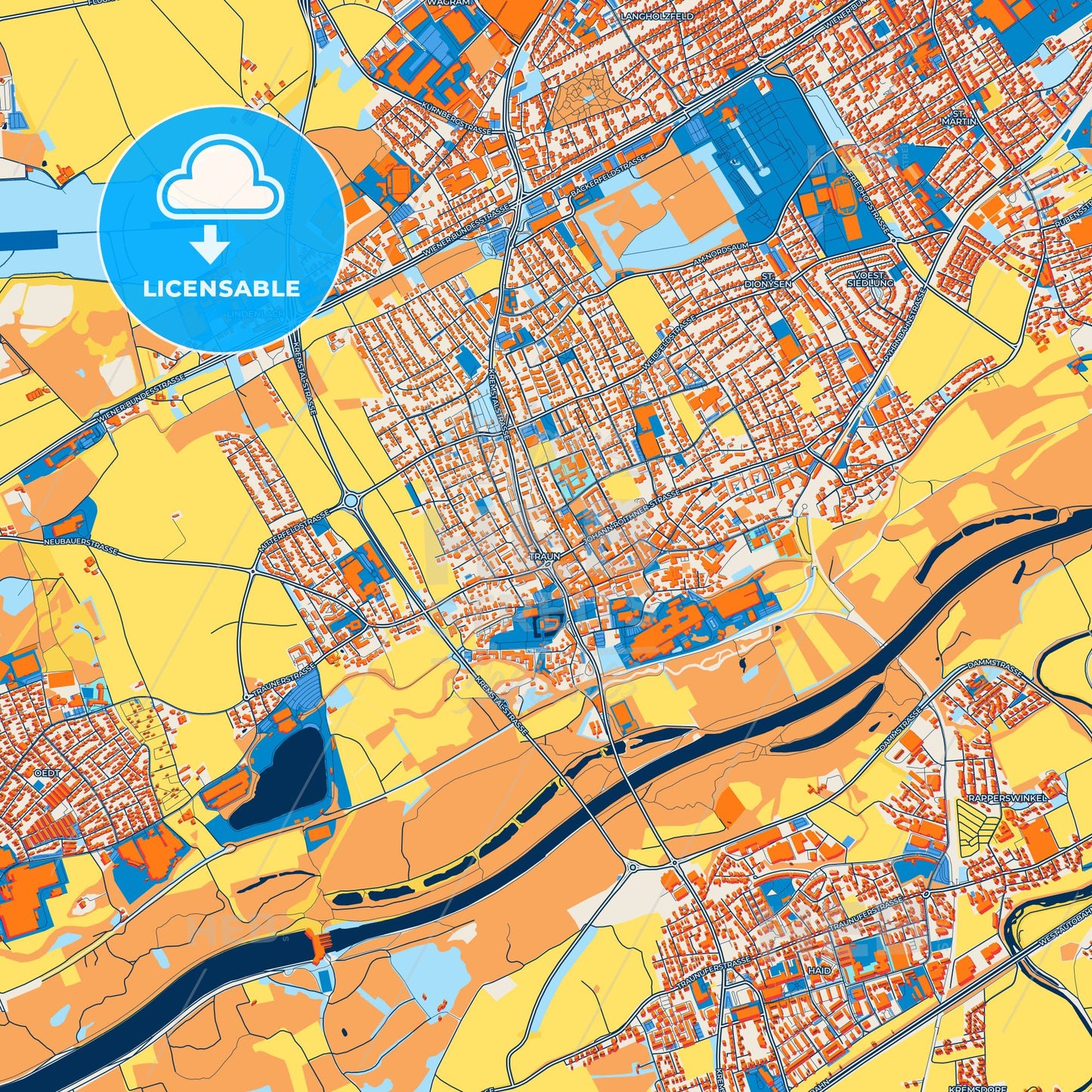 Colorful Traun Street Map with Labels and Buildings