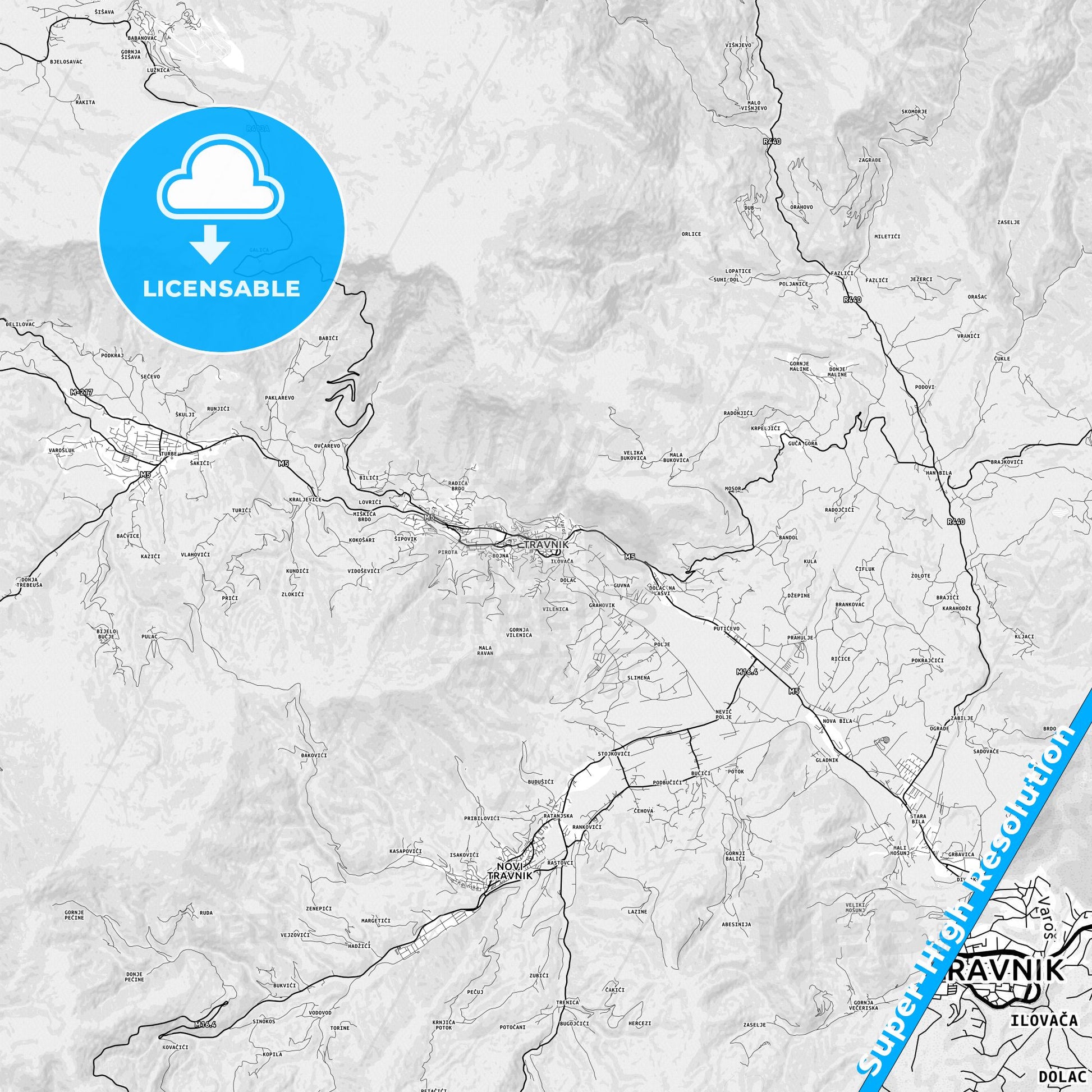 Travnik, Bosnia and Herzegovina light map with streetnames, citynames and districts