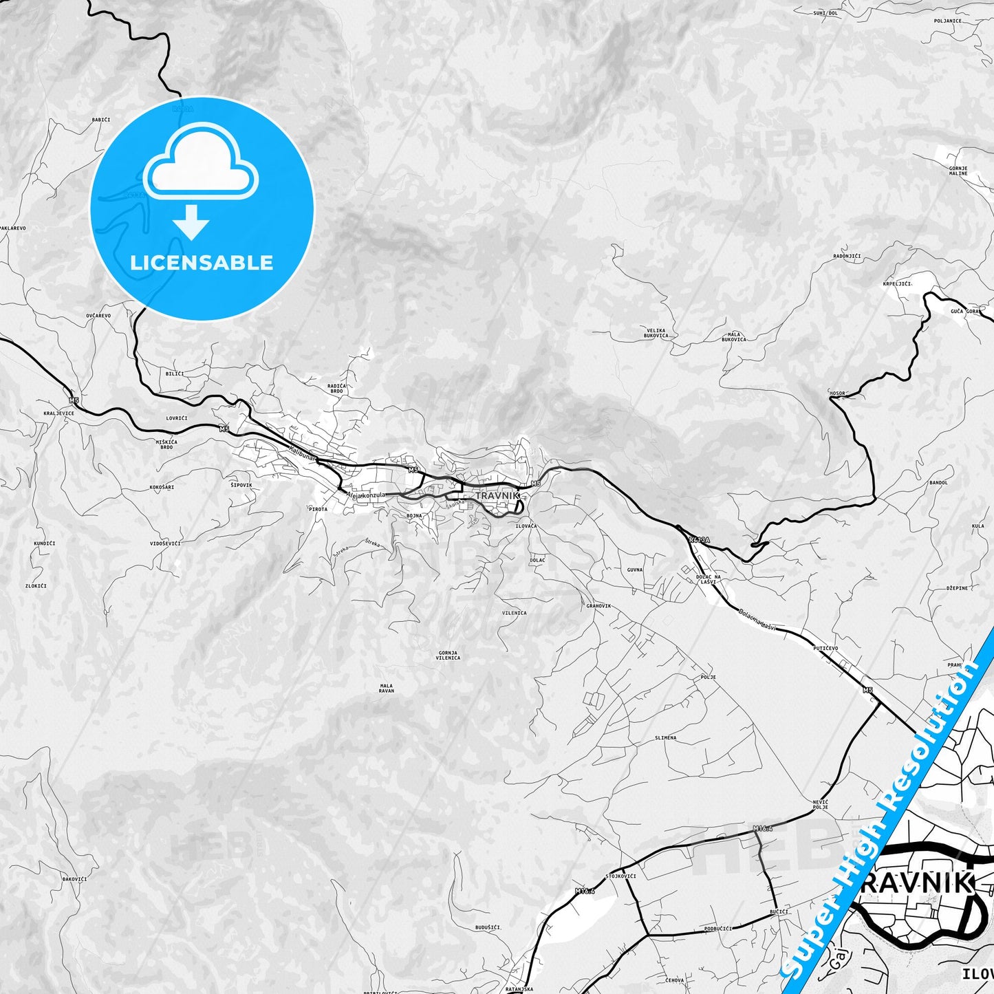 Travnik, Bosnia and Herzegovina Light Map with Street Names, City Names, and Districts