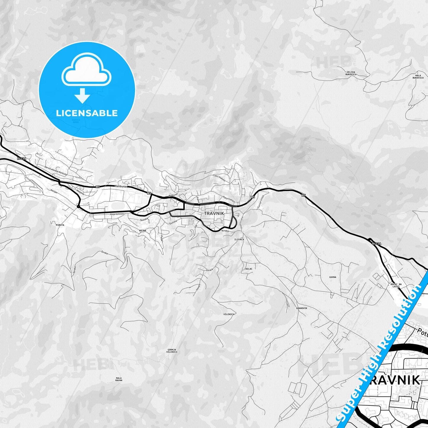 Travnik, Bosnia and Herzegovina Light Map with Street Names, City Names, and Districts