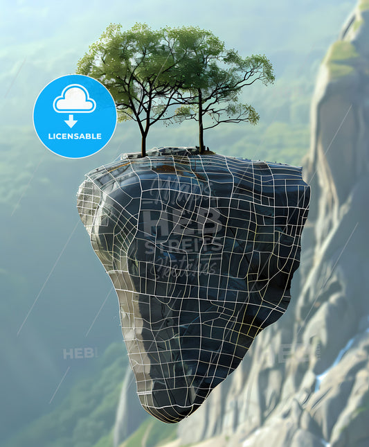 Enchanting Painting: Majestic Tree Thriving on Rocky Pinnacle