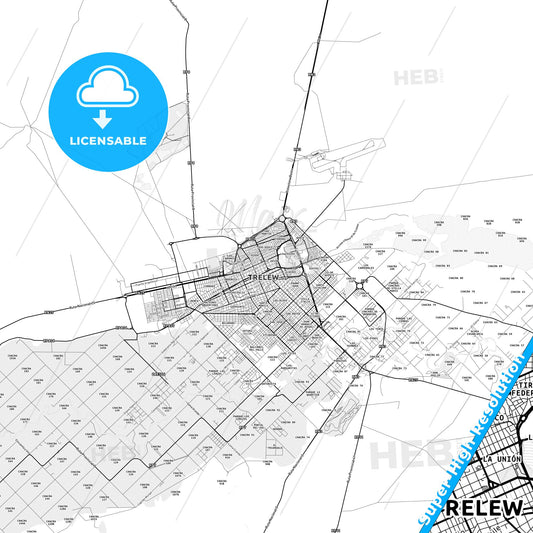 Trelew, Argentina light map with streetnames, citynames and districts