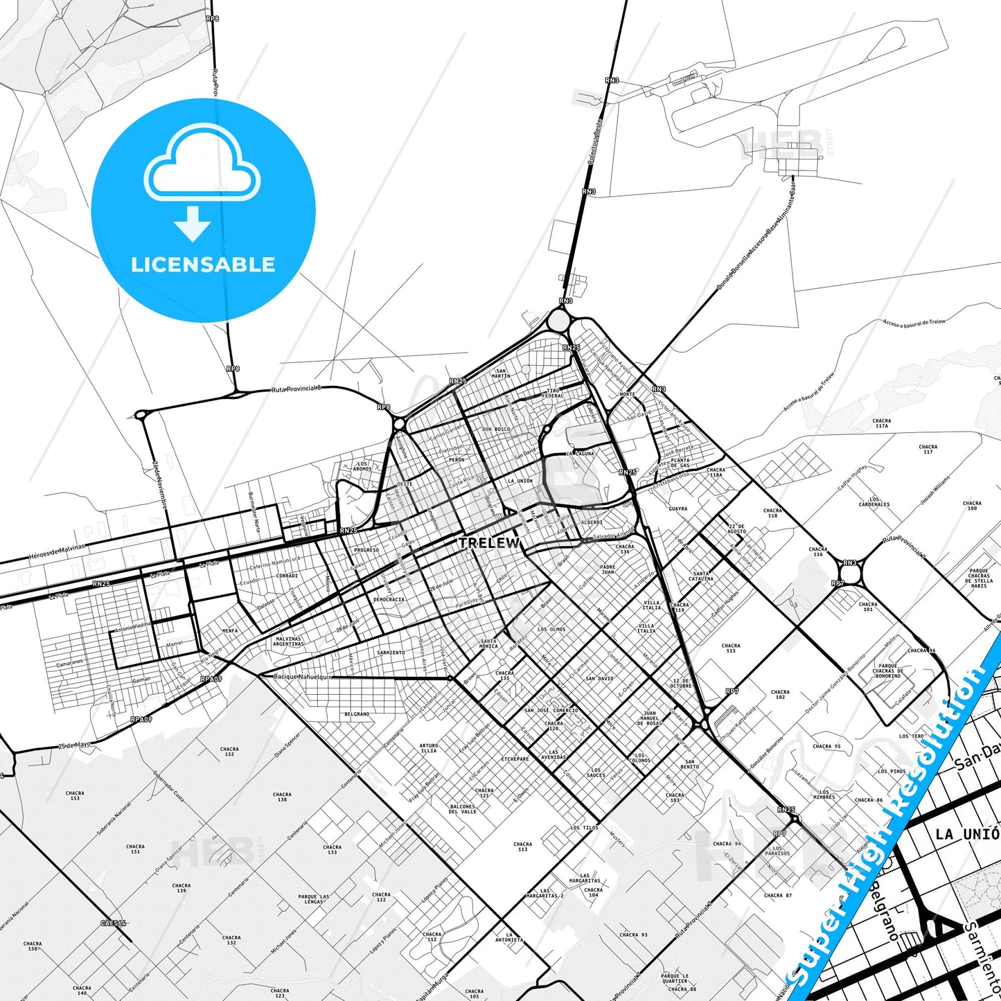 Trelew, Argentina Light Map with Street Names, City Names, and Districts