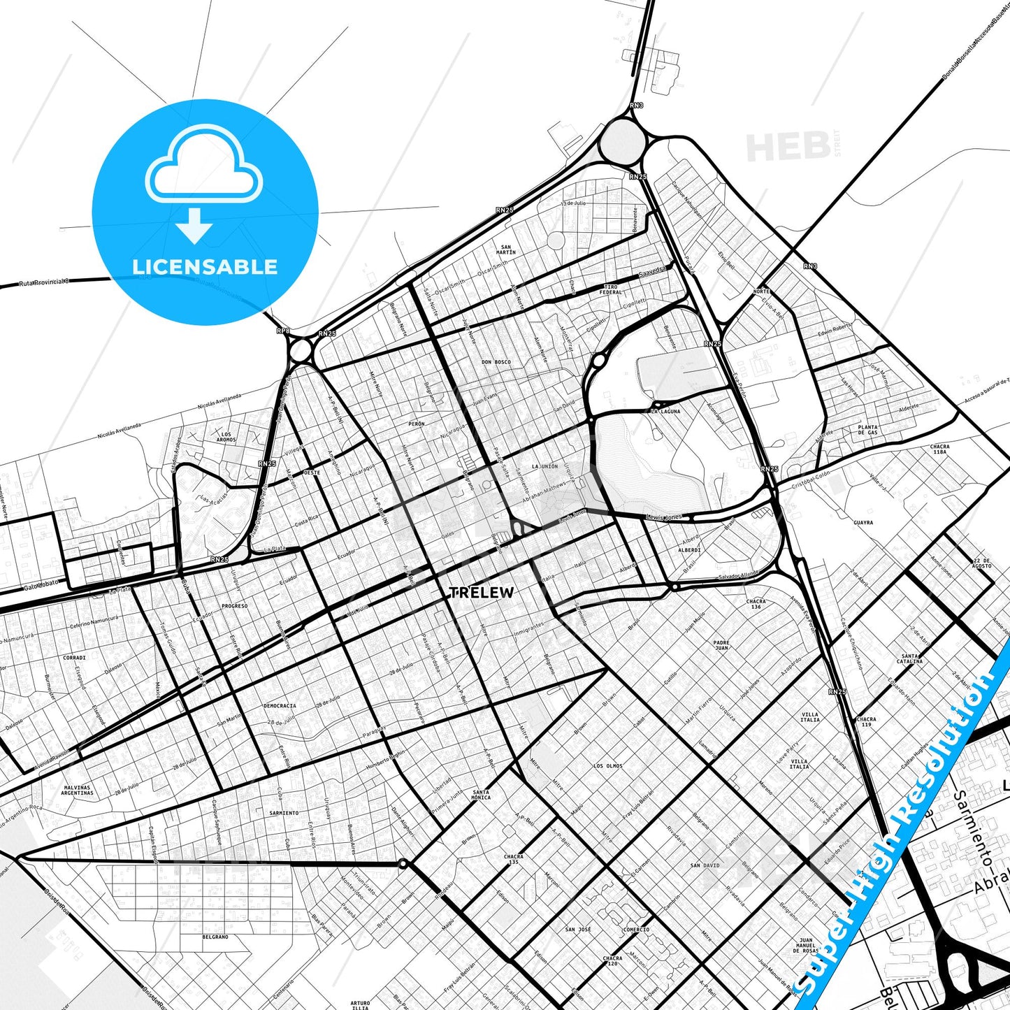 Trelew, Argentina Light Map with Street Names, City Names, and Districts