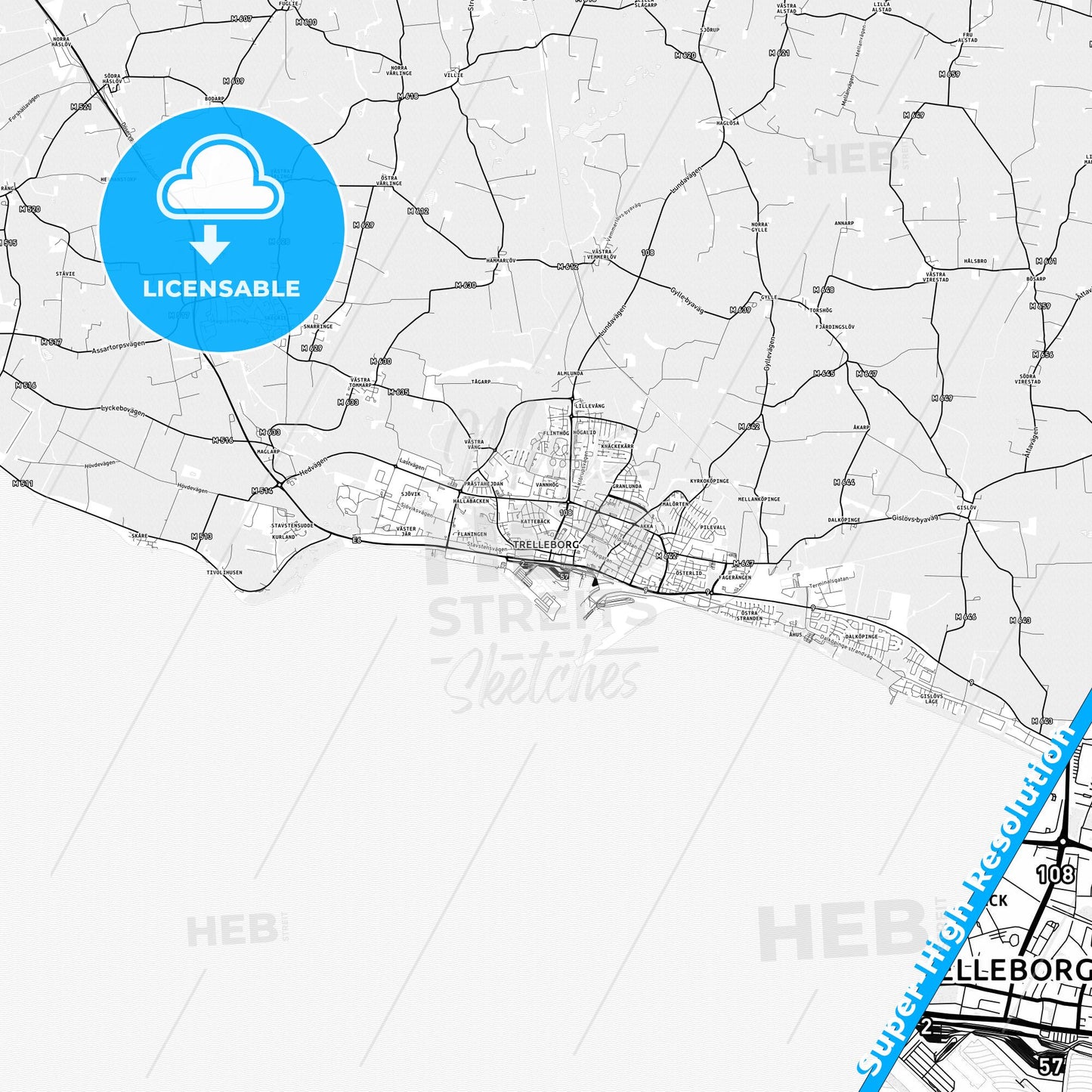 Trelleborg, Sweden light map with streetnames, citynames and districts
