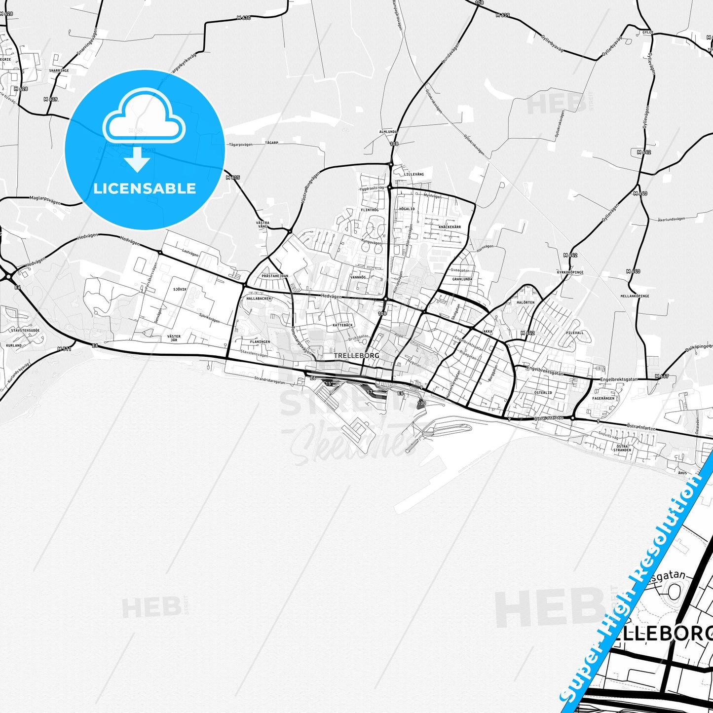 Trelleborg, Sweden Light Map with Street Names, City Names, and Districts