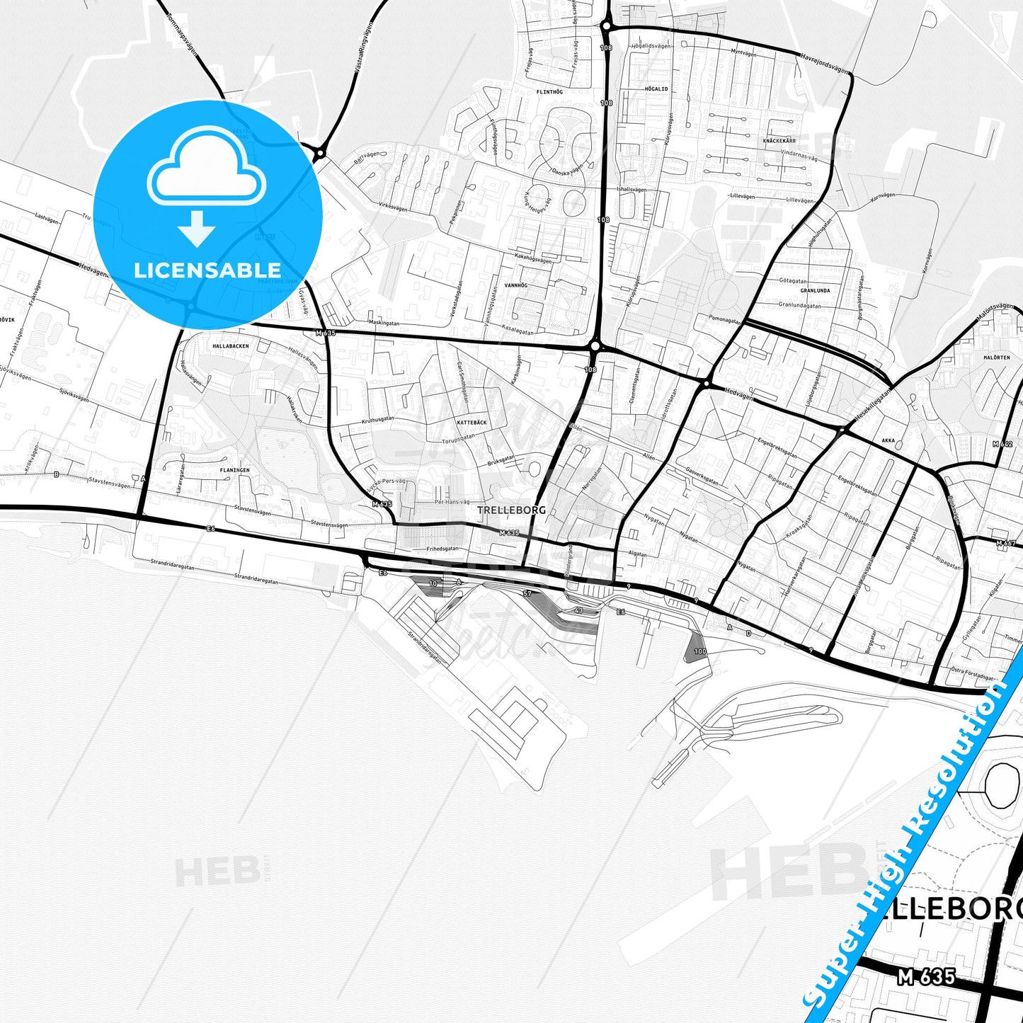 Trelleborg, Sweden Light Map with Street Names, City Names, and Districts