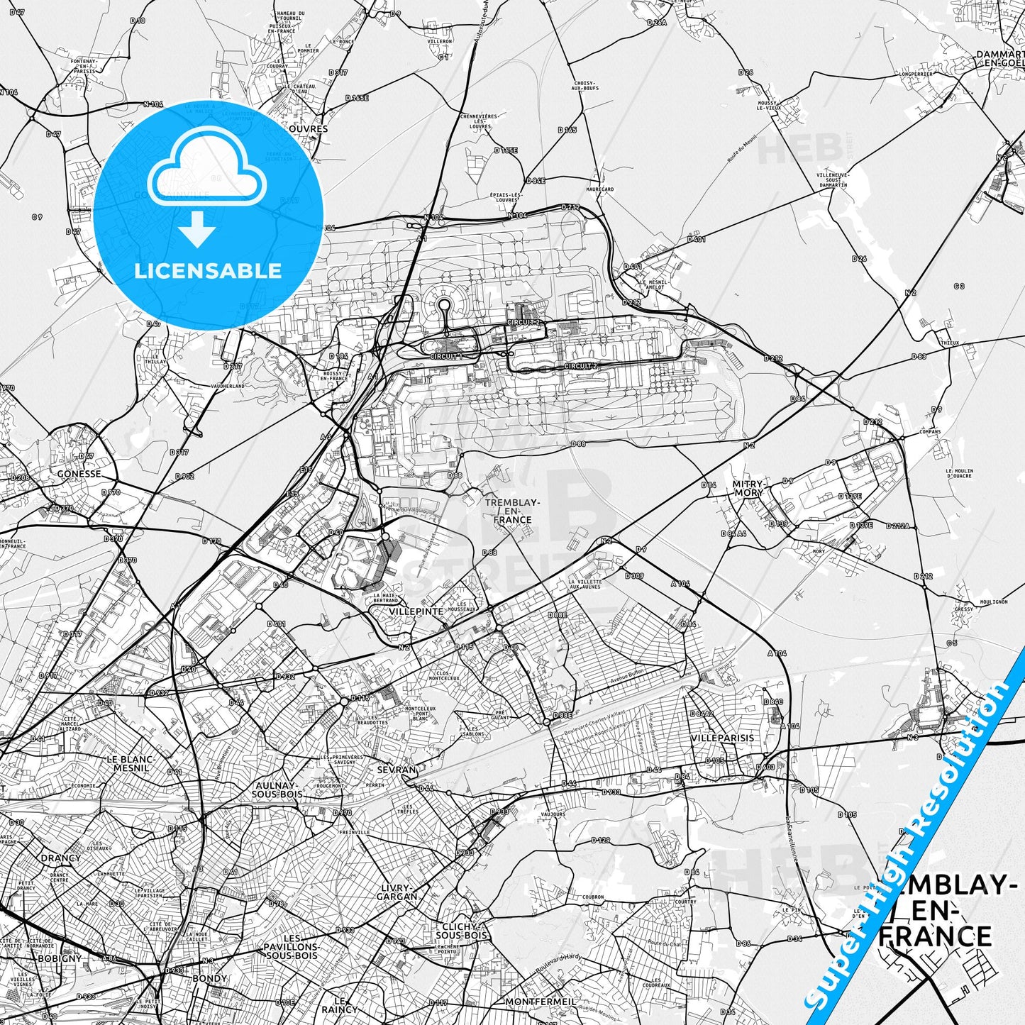 Tremblay-en-France, France light map with streetnames, citynames and districts