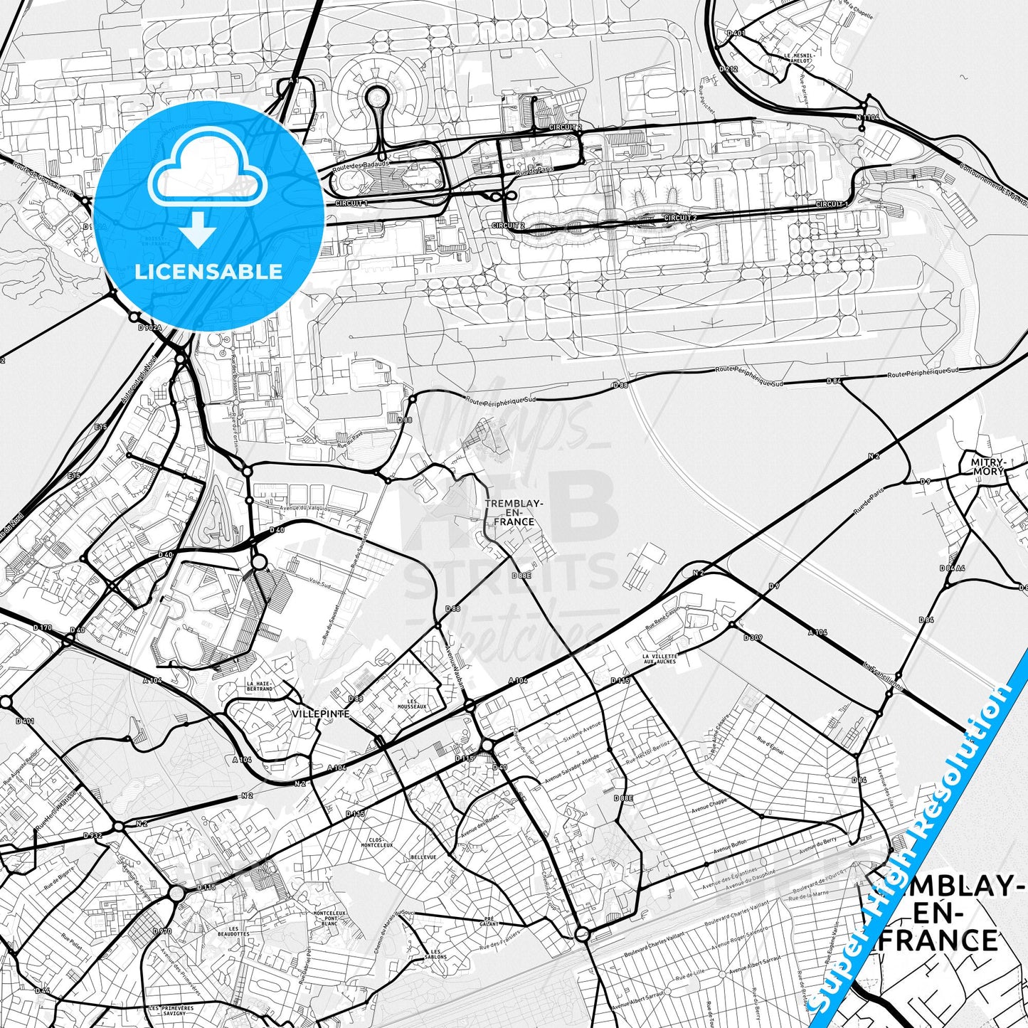Tremblay-en-France, France Light Map with Street Names, City Names, and Districts