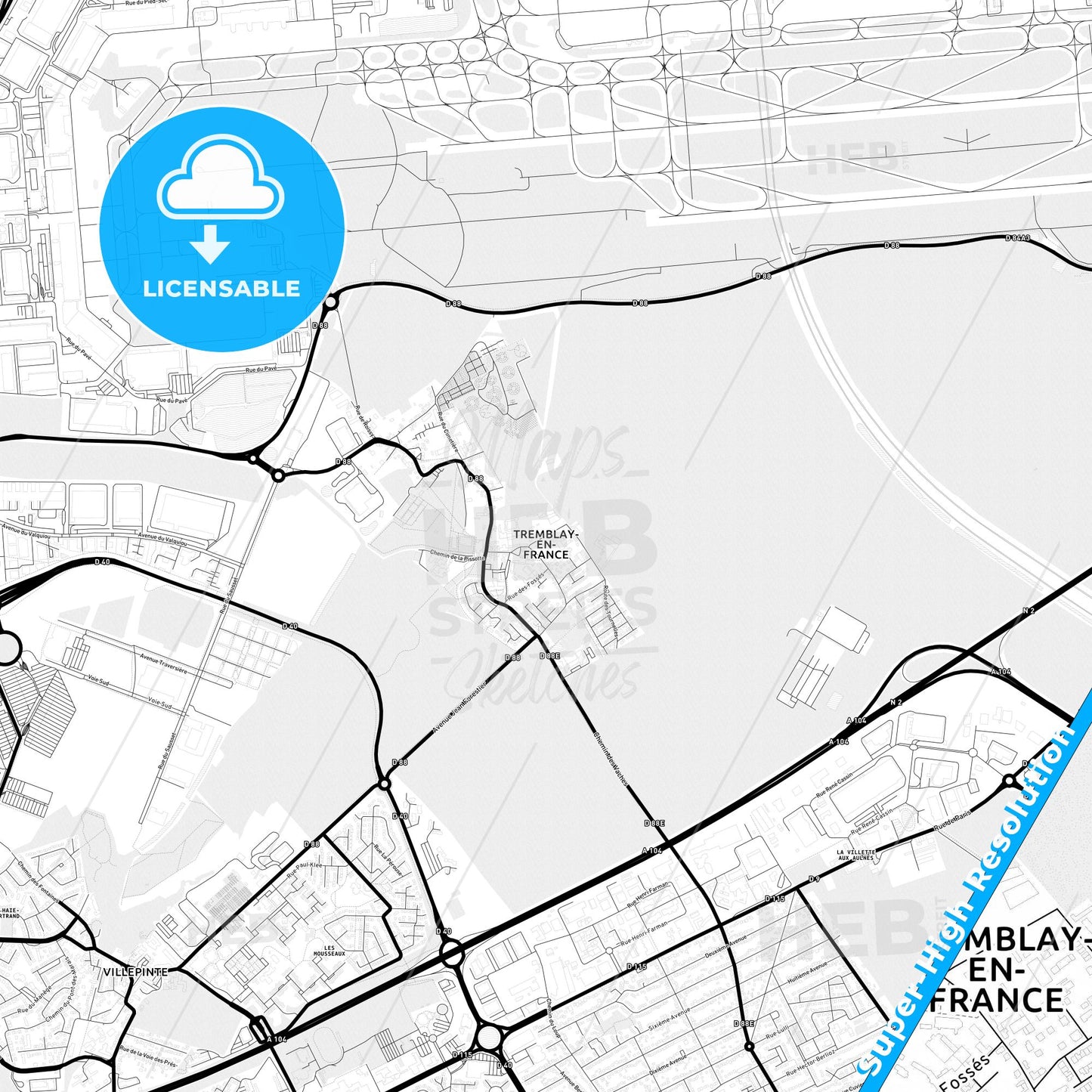 Tremblay-en-France, France Light Map with Street Names, City Names, and Districts